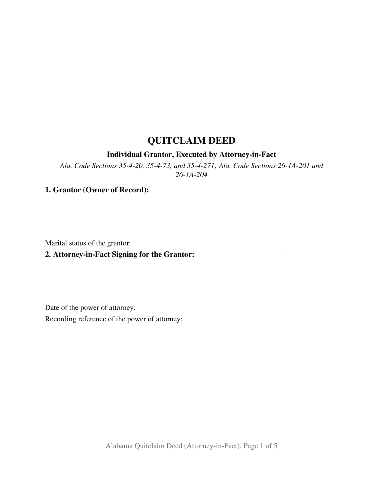 Sumter County Quitclaim Deed (Individual Grantor by Attorney-in-Fact) Form
