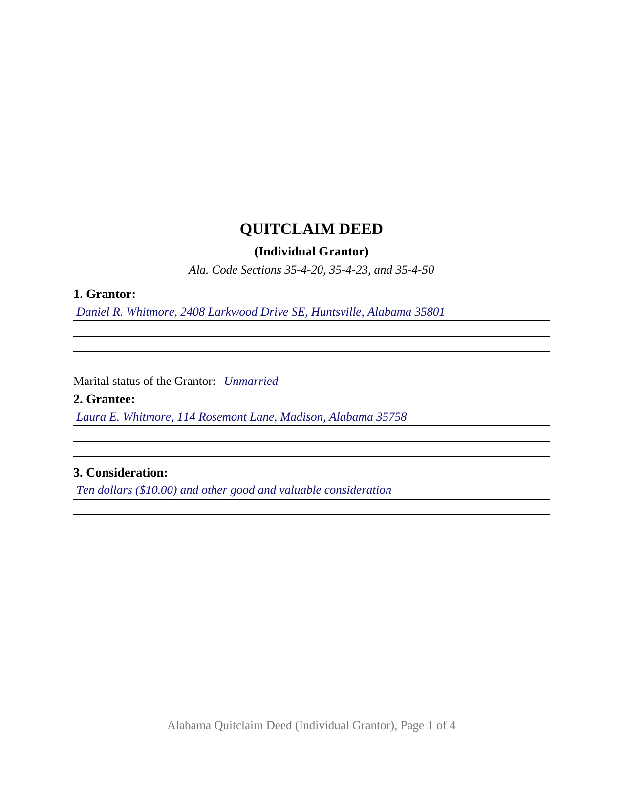 Jackson County Completed Example of the Quitclaim Deed (Individual Grantor) Document