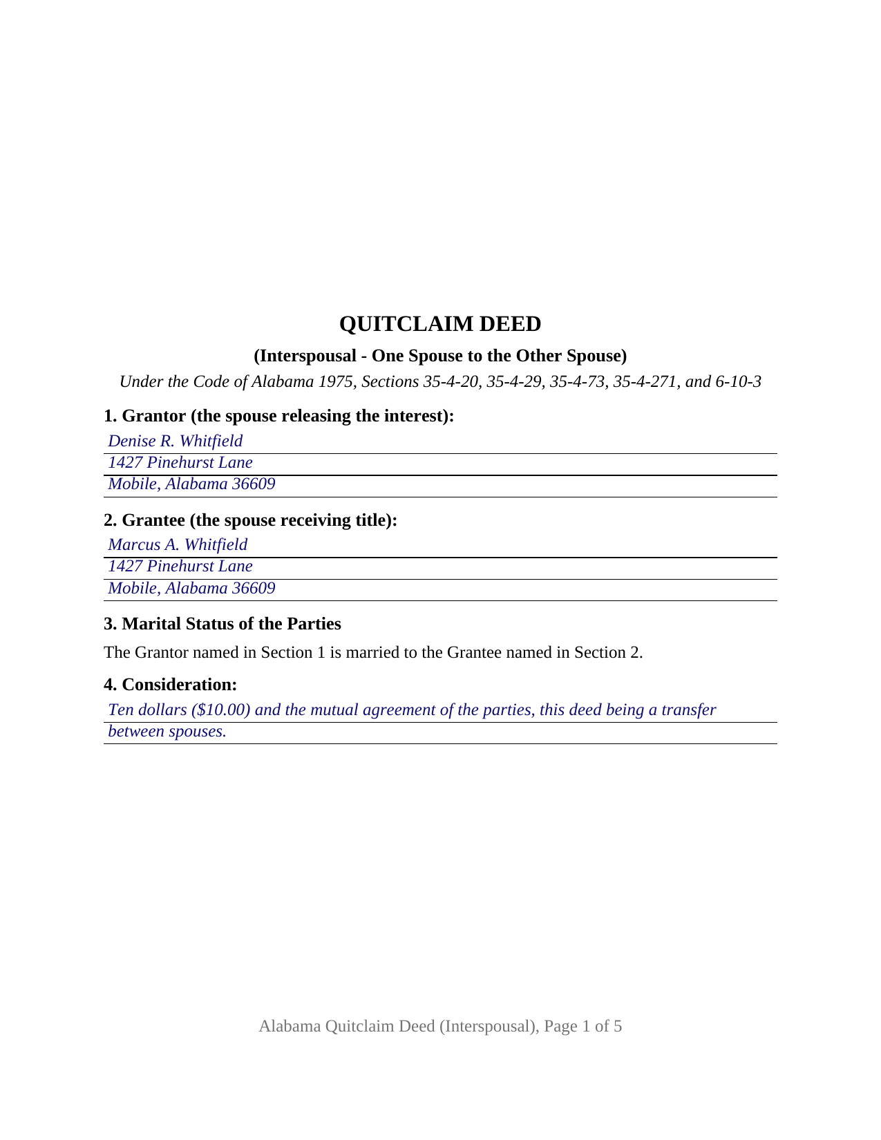 Jackson County Completed Example of the Quitclaim Deed (Interspousal) Document