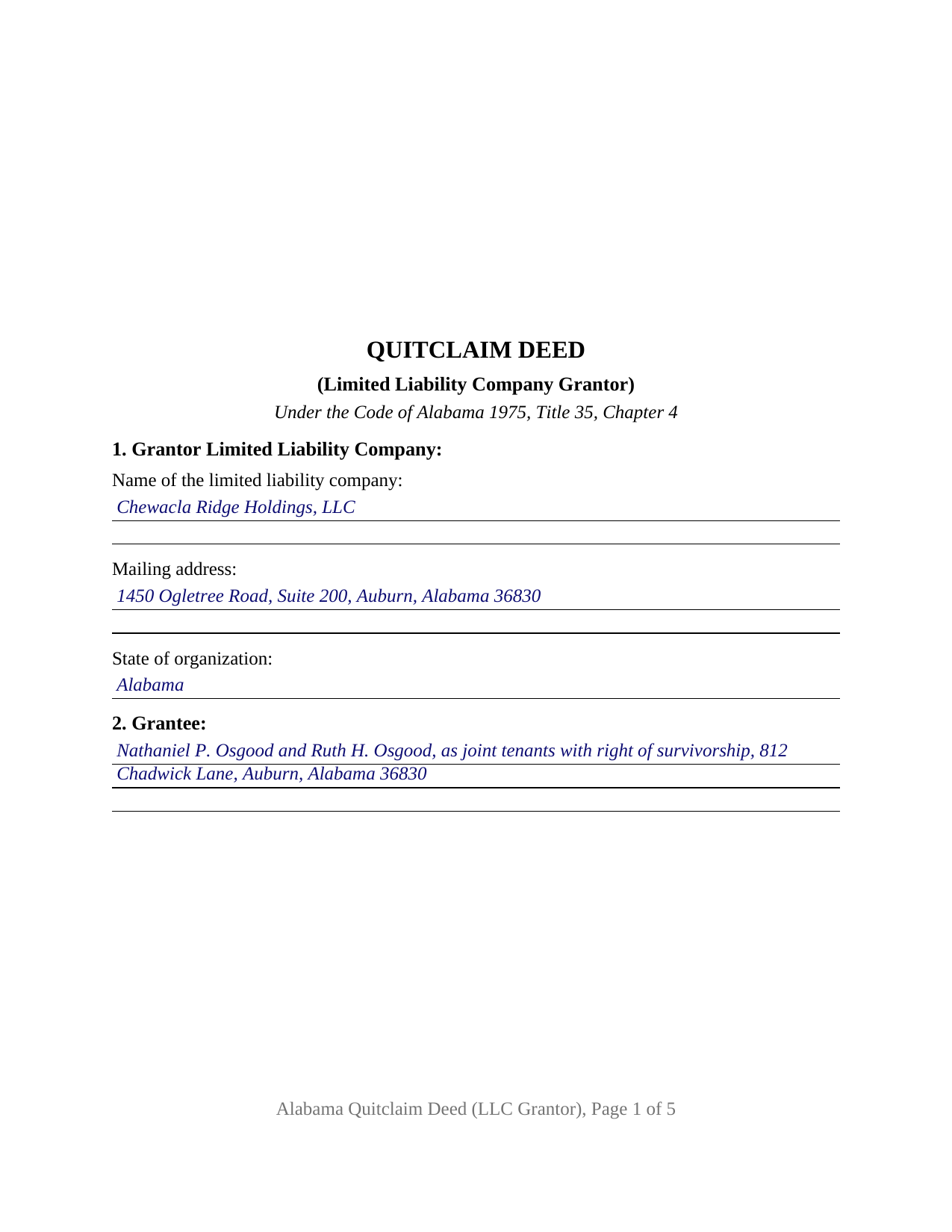 Elmore County Completed Example of the Quitclaim Deed (LLC Grantor) Document