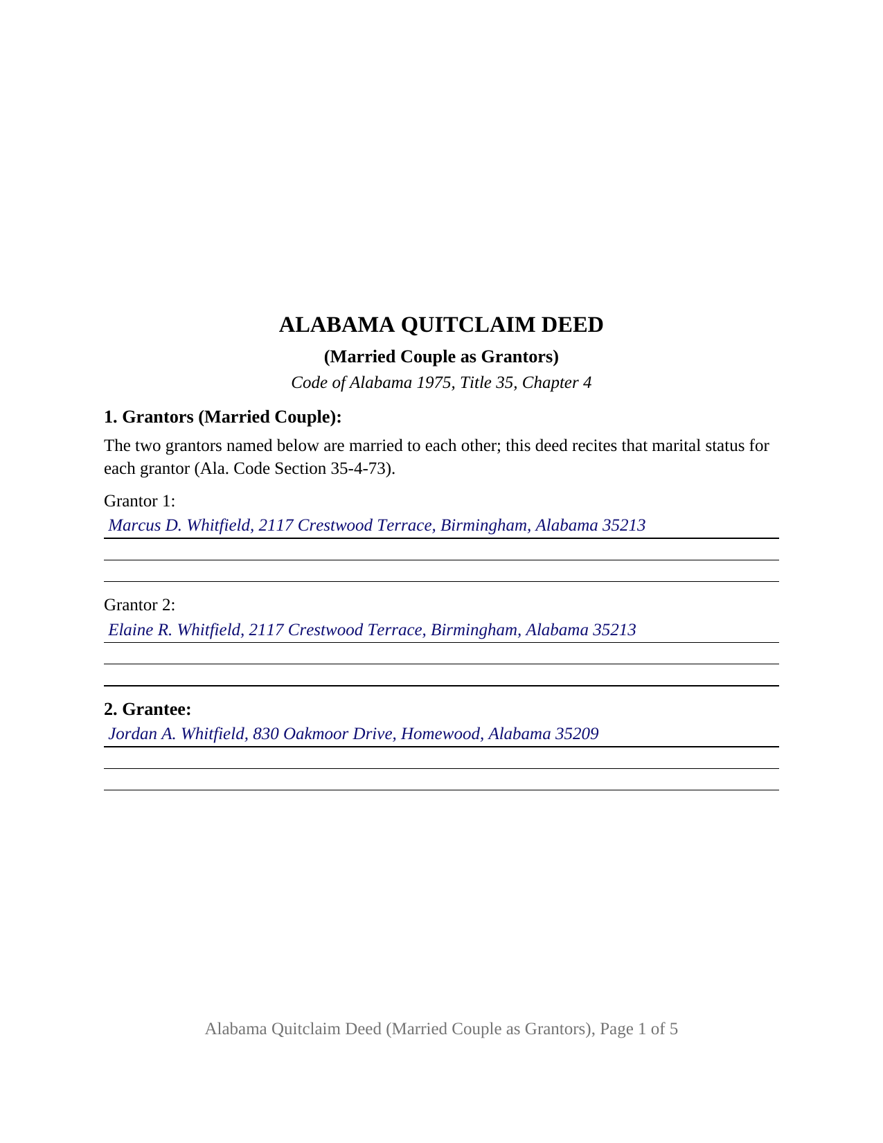 Winston County Completed Example of the Quitclaim Deed (Married Couple as Grantors) Document