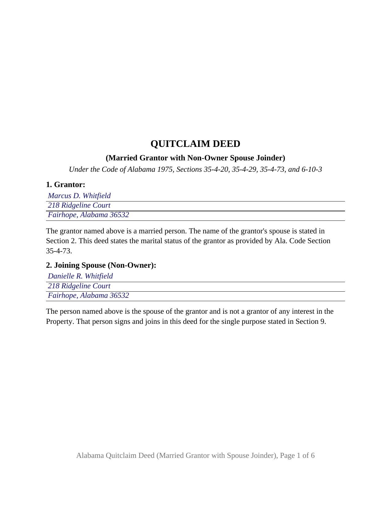 Calhoun County Completed Example of the Quitclaim Deed (Married Grantor with Non-Owner Spouse Joinder) Document