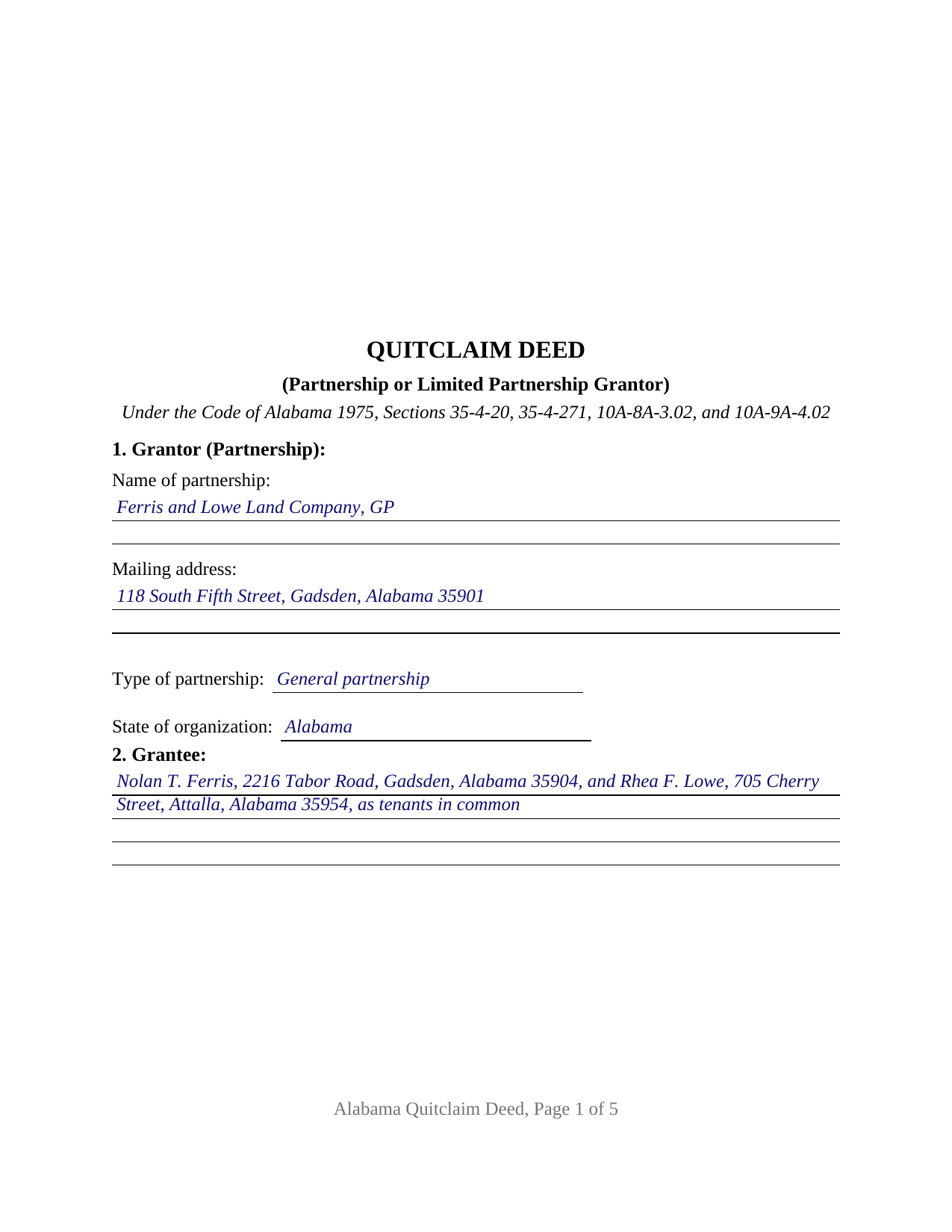 Limestone County Completed Example of the Quitclaim Deed (Partnership or Limited Partnership Grantor) Document