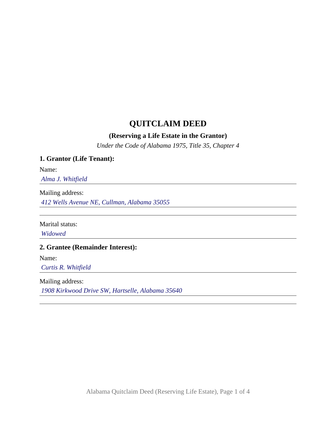Etowah County Completed Example of the Quitclaim Deed (Reserving Life Estate) Document
