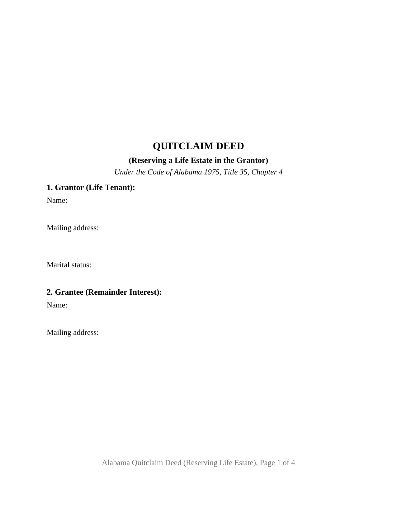 Etowah County Quitclaim Deed (Reserving Life Estate) Form