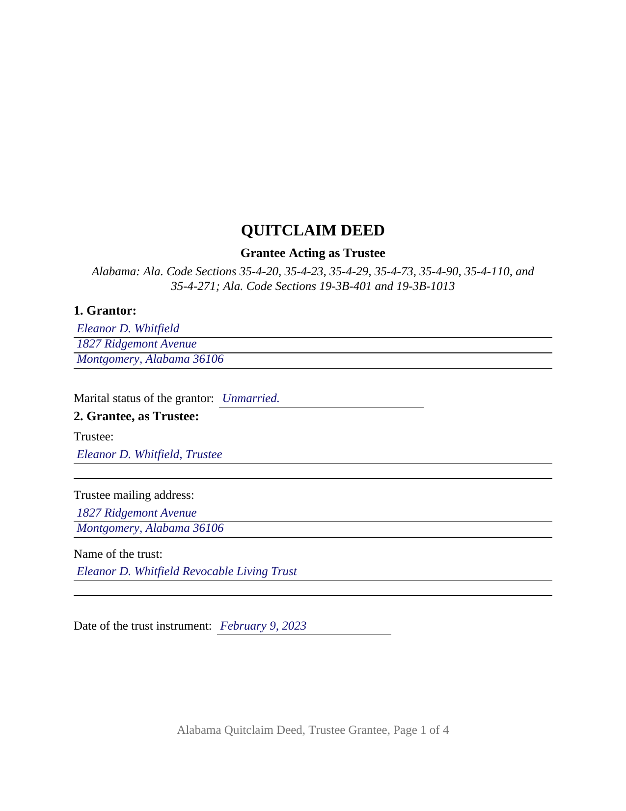 Sumter County Completed Example of the Quitclaim Deed (Trustee Grantee) Document