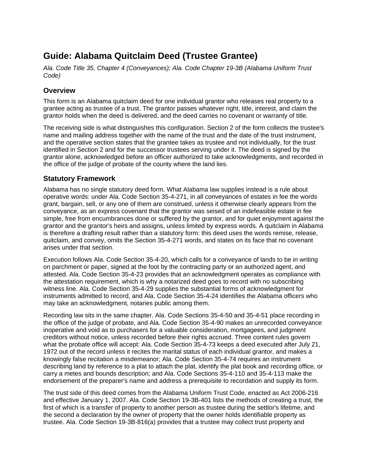 Sumter County Quitclaim Deed (Trustee Grantee) Guide