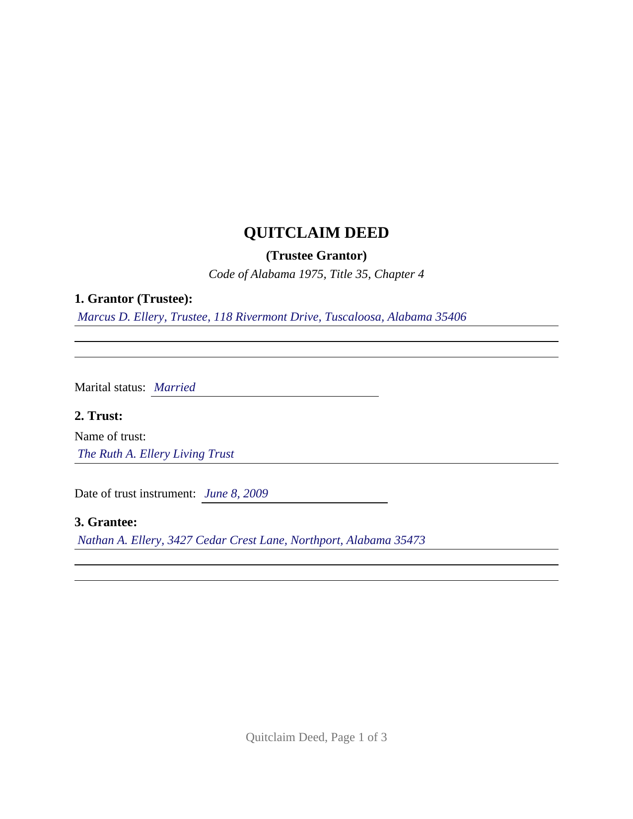 Henry County Completed Example of the Quitclaim Deed (Trustee Grantor) Document