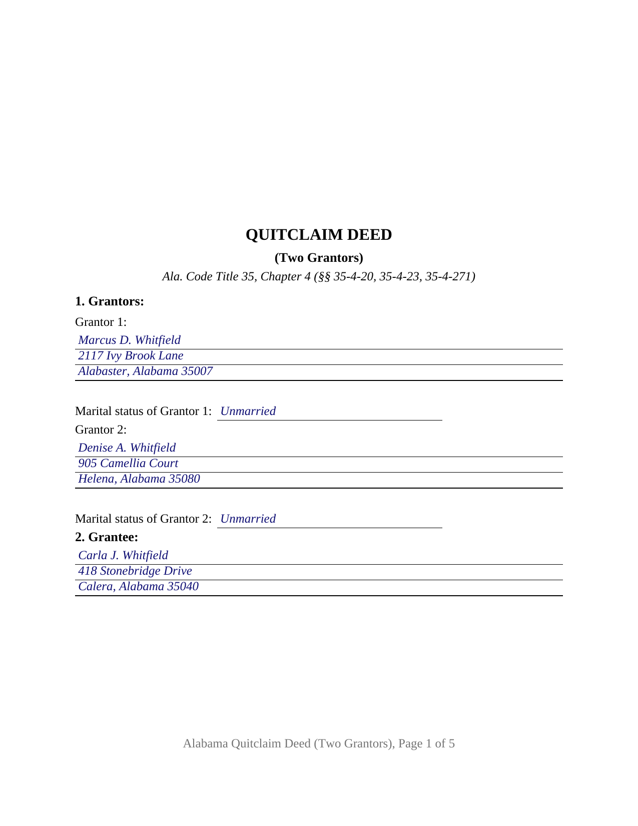 Jefferson County Completed Example of the Quitclaim Deed (Two Grantors) Document