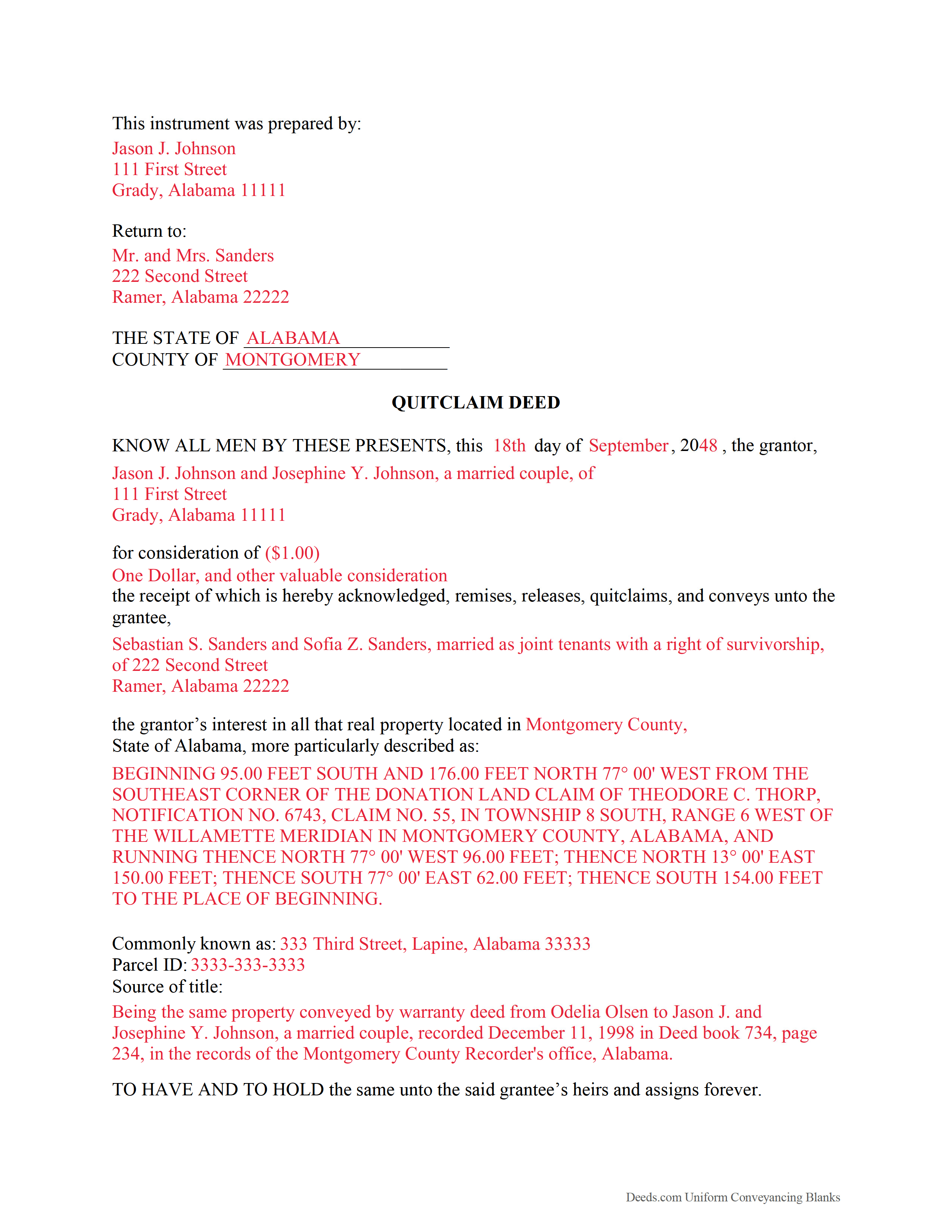 Completed Example of the Quitclaim Deed Document