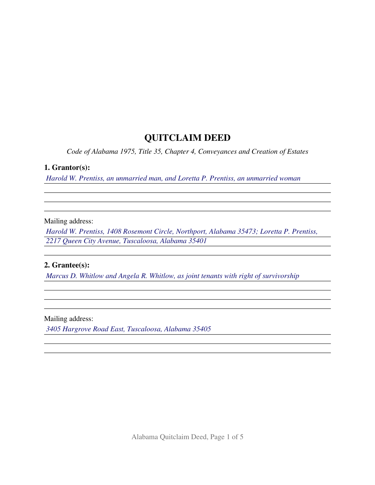 Bullock County Completed Example of the Quitclaim Deed Document