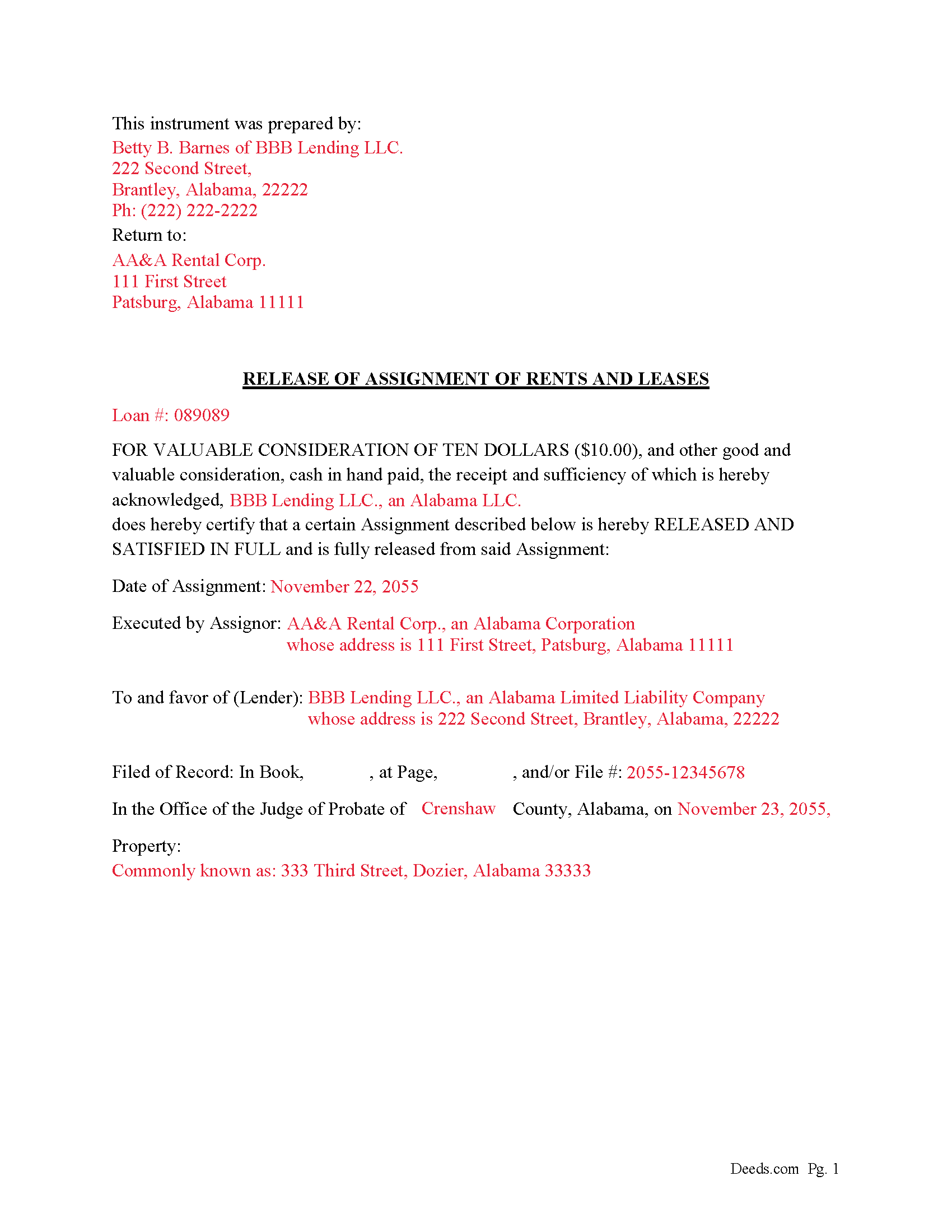 Completed Example of a Release of Assignment of Rents and Leases Document