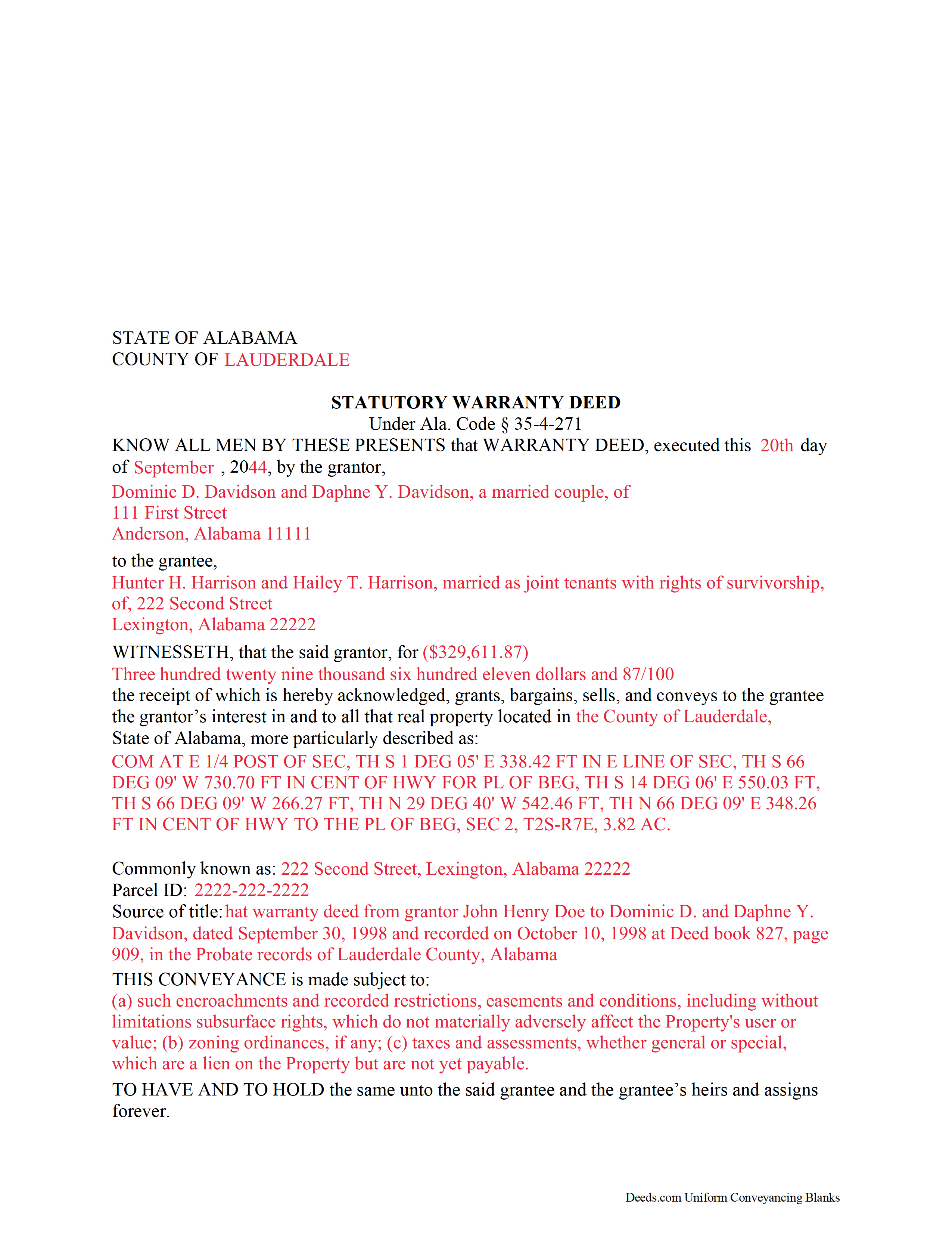 Cullman County Completed Example of the Special Warranty Deed Document