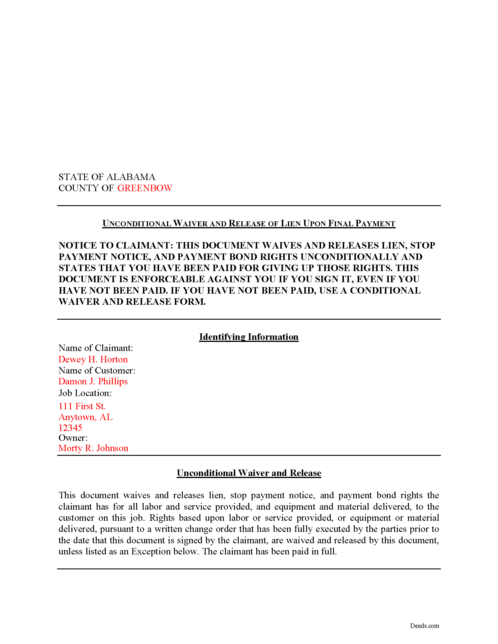 Completed Example of the Unconditional Lien Waiver on Final Payment Document