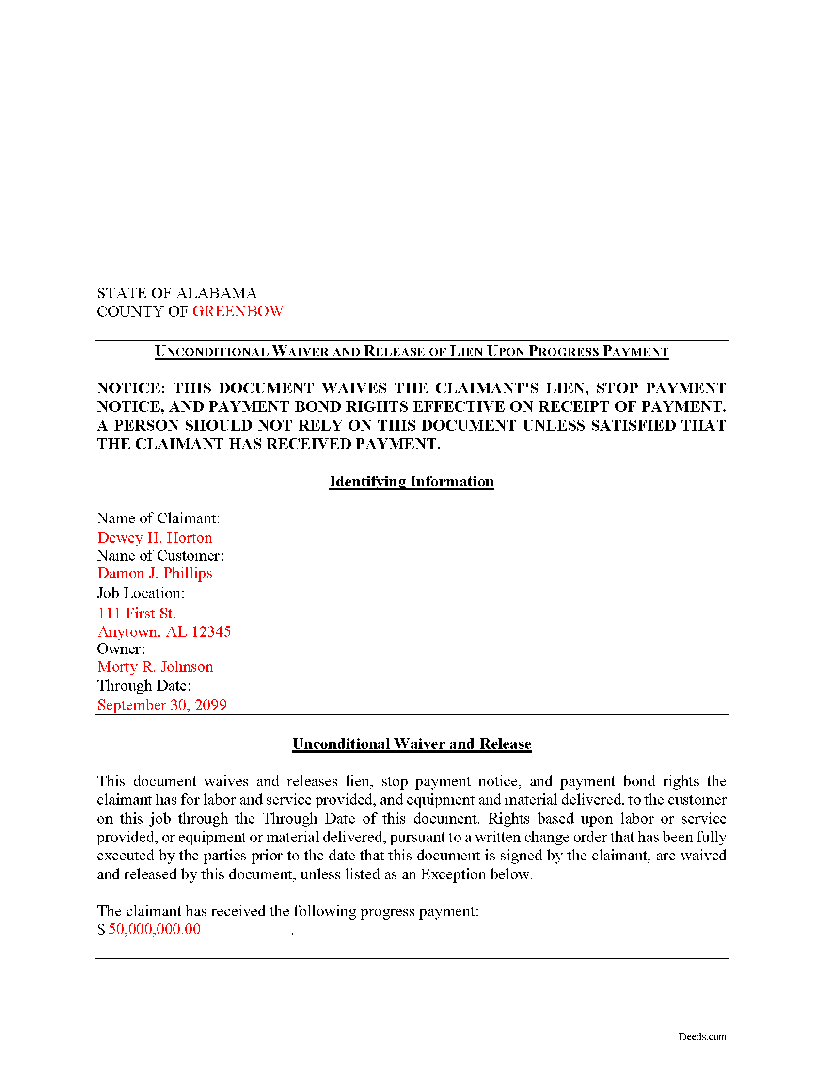 Morgan County Completed Example of the Unconditional Lien Waiver on Progress Payment Document