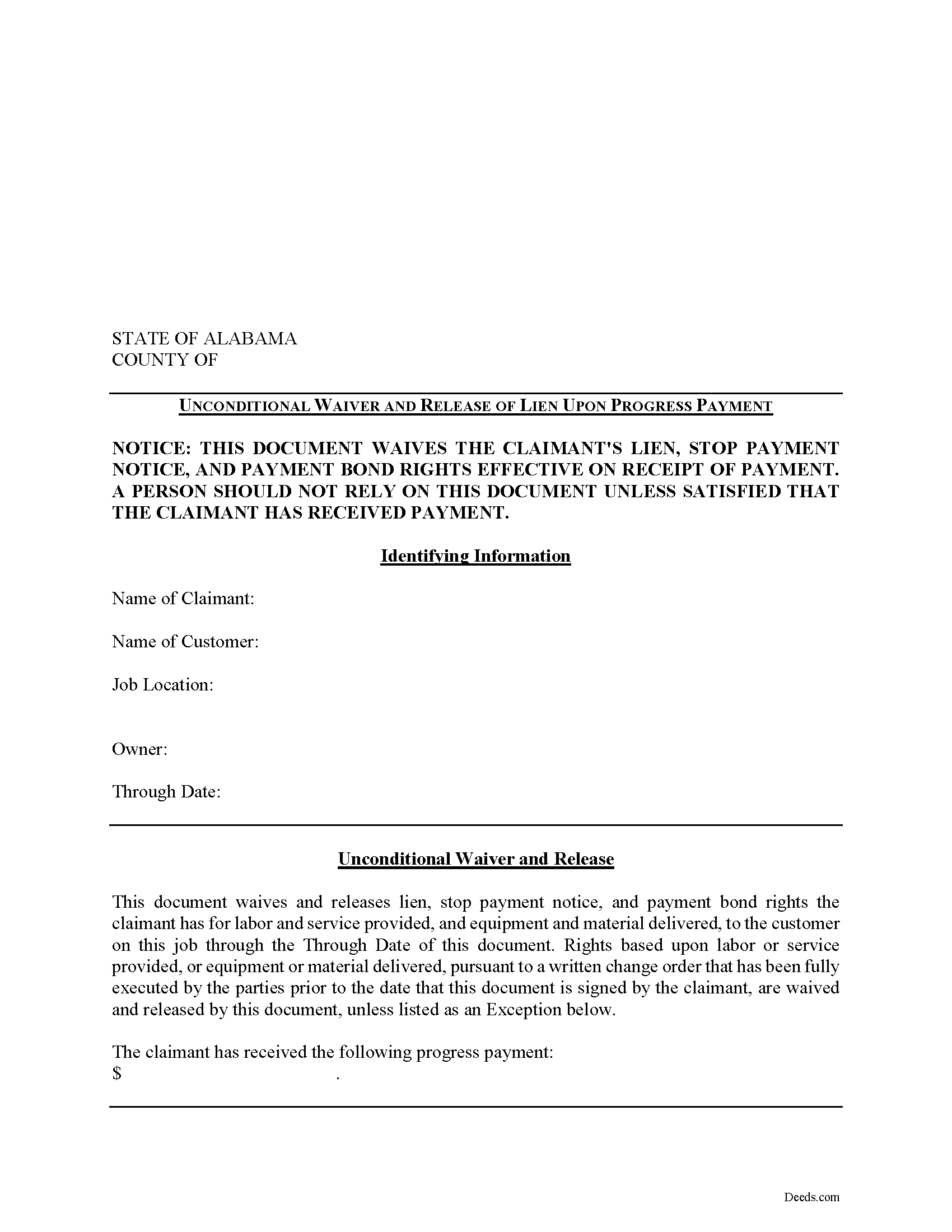 Morgan County Unconditional Lien Waiver on Progress Payment Form