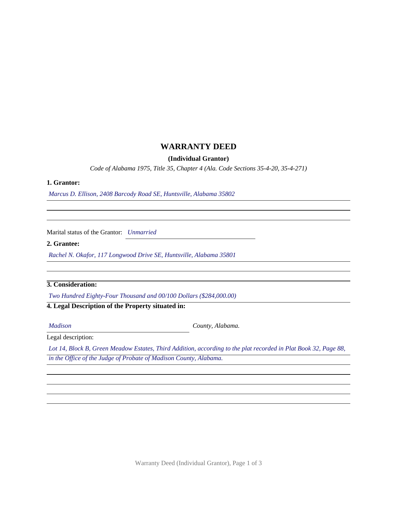 Butler County Completed Example of the Warranty Deed (Individual Grantor) Document