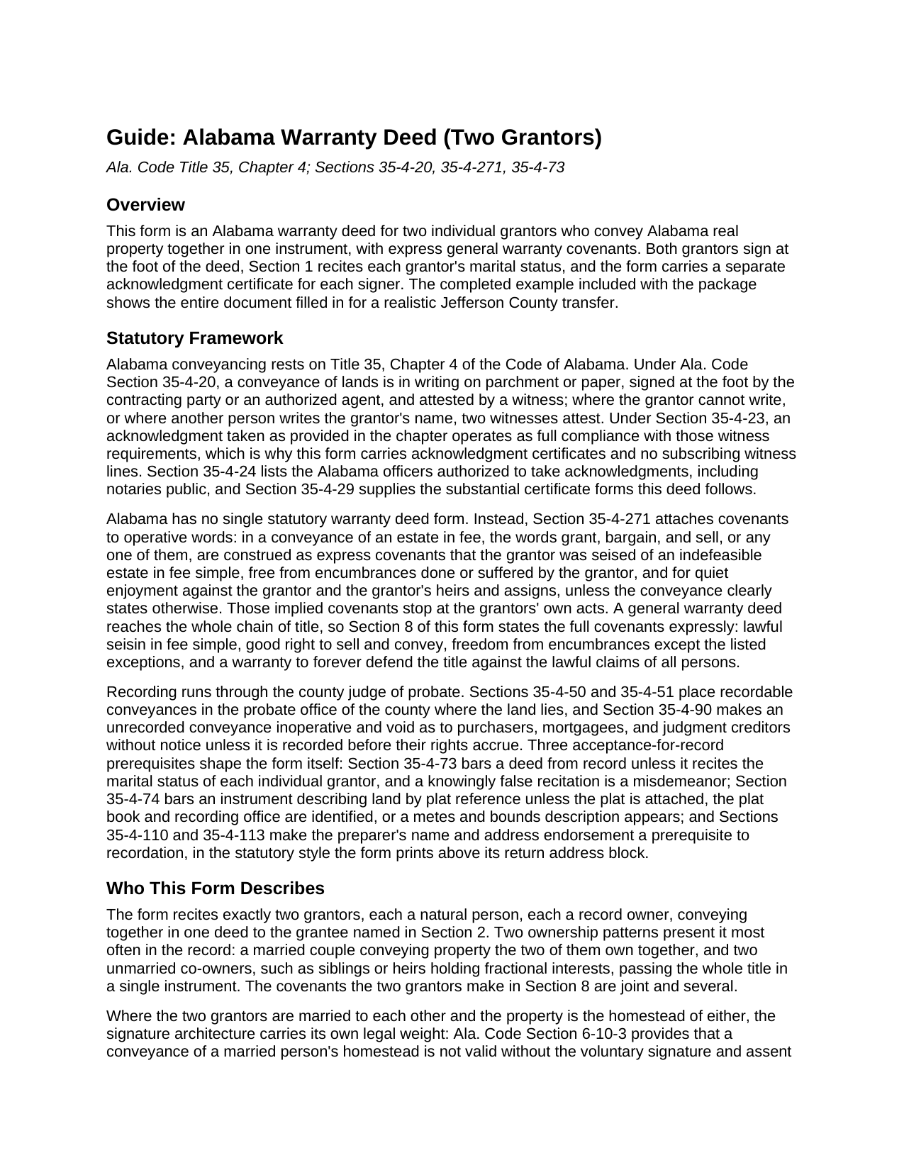 Marshall County Warranty Deed (Two Grantors) Guide