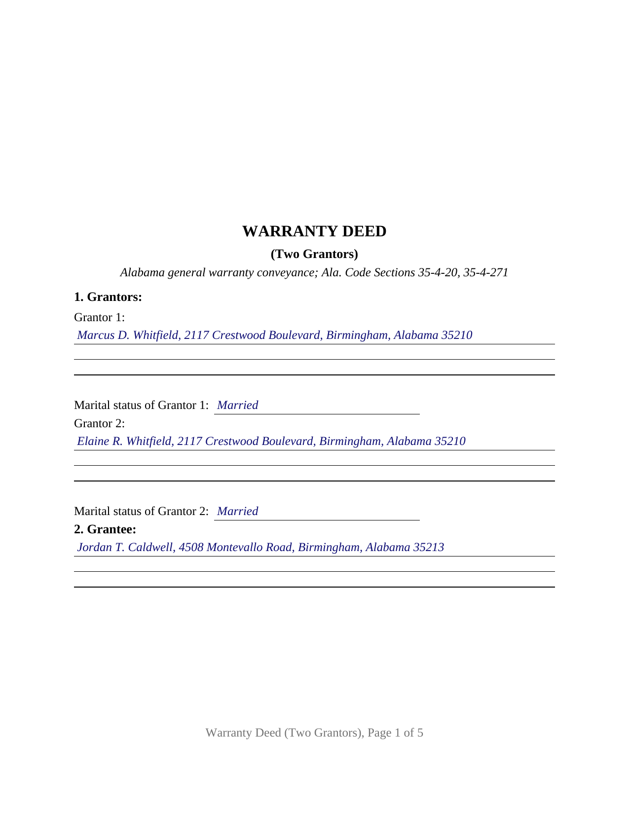 Marshall County Completed Example of the Warranty Deed (Two Grantors) Document