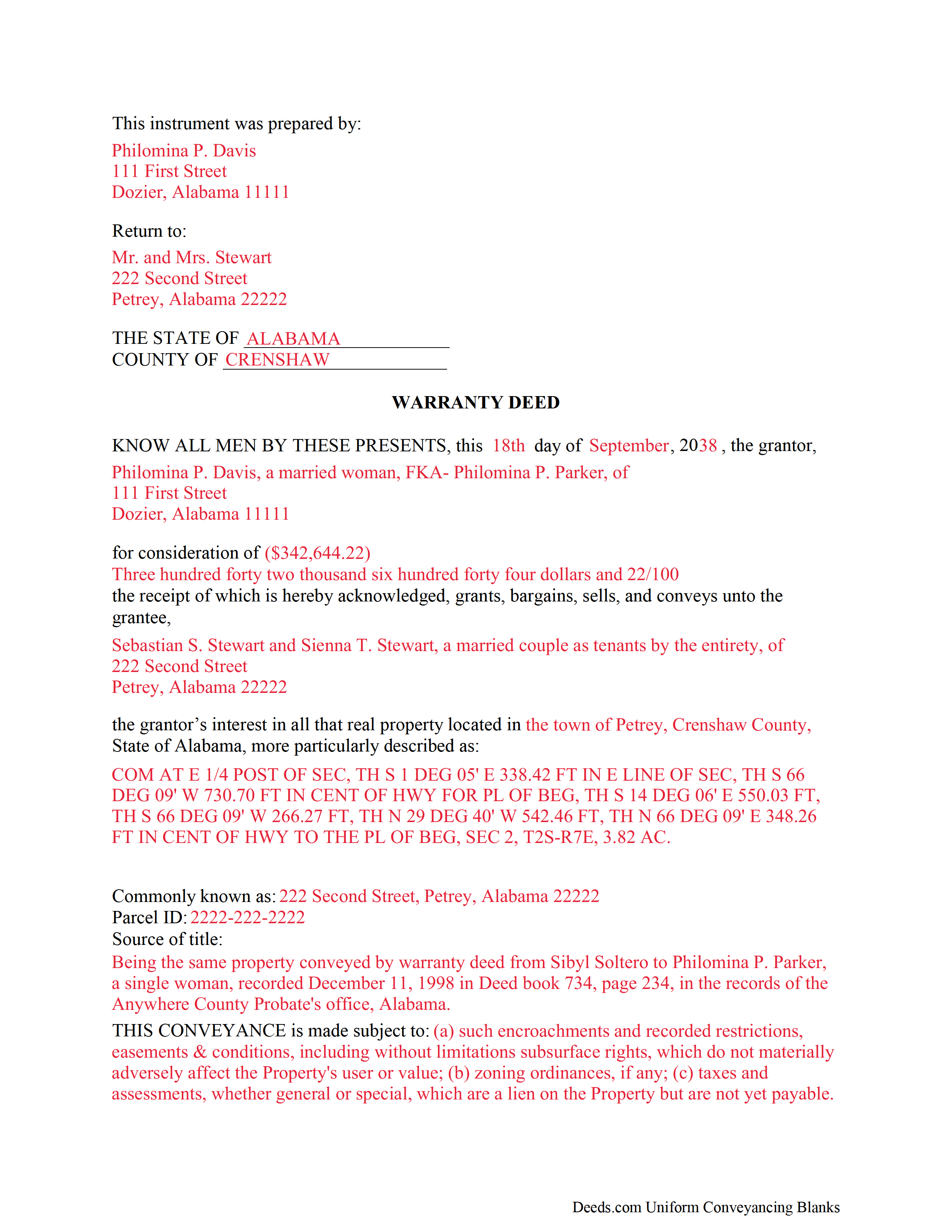 Completed Example of the Warranty Deed Document