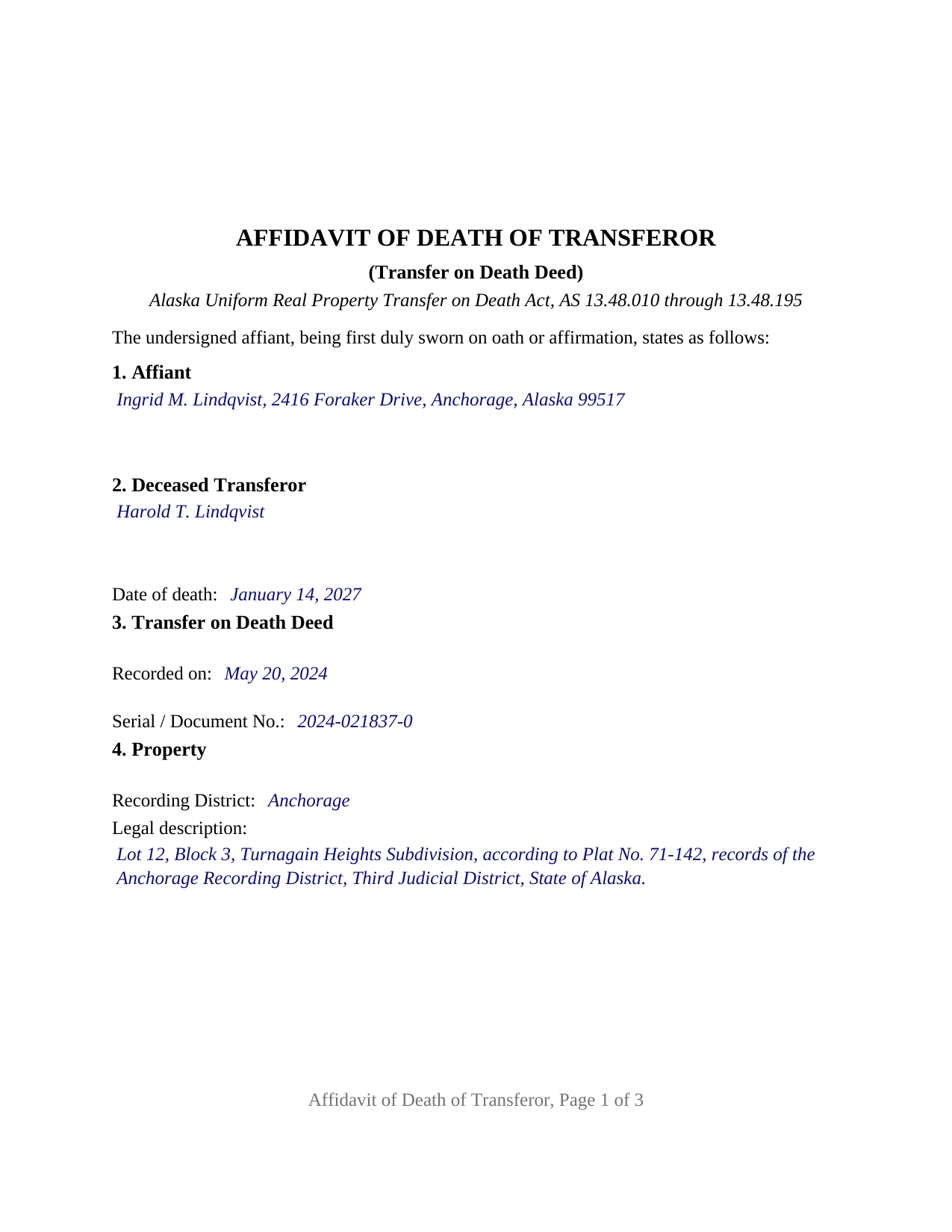 Yukon Koyukuk Borough Completed Example of the Affidavit of Death of Transferor Document