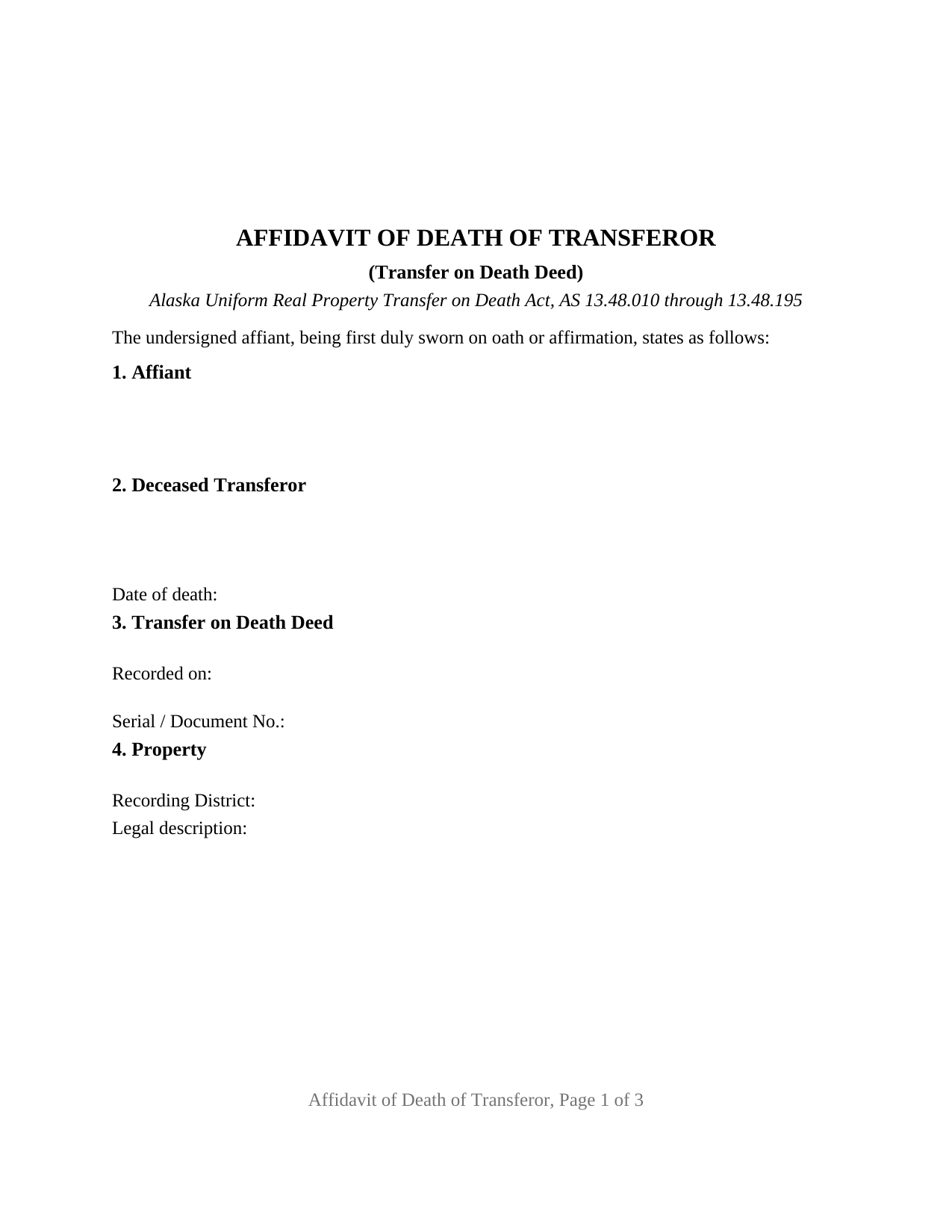 Alaska Affidavit of Death of Transferor