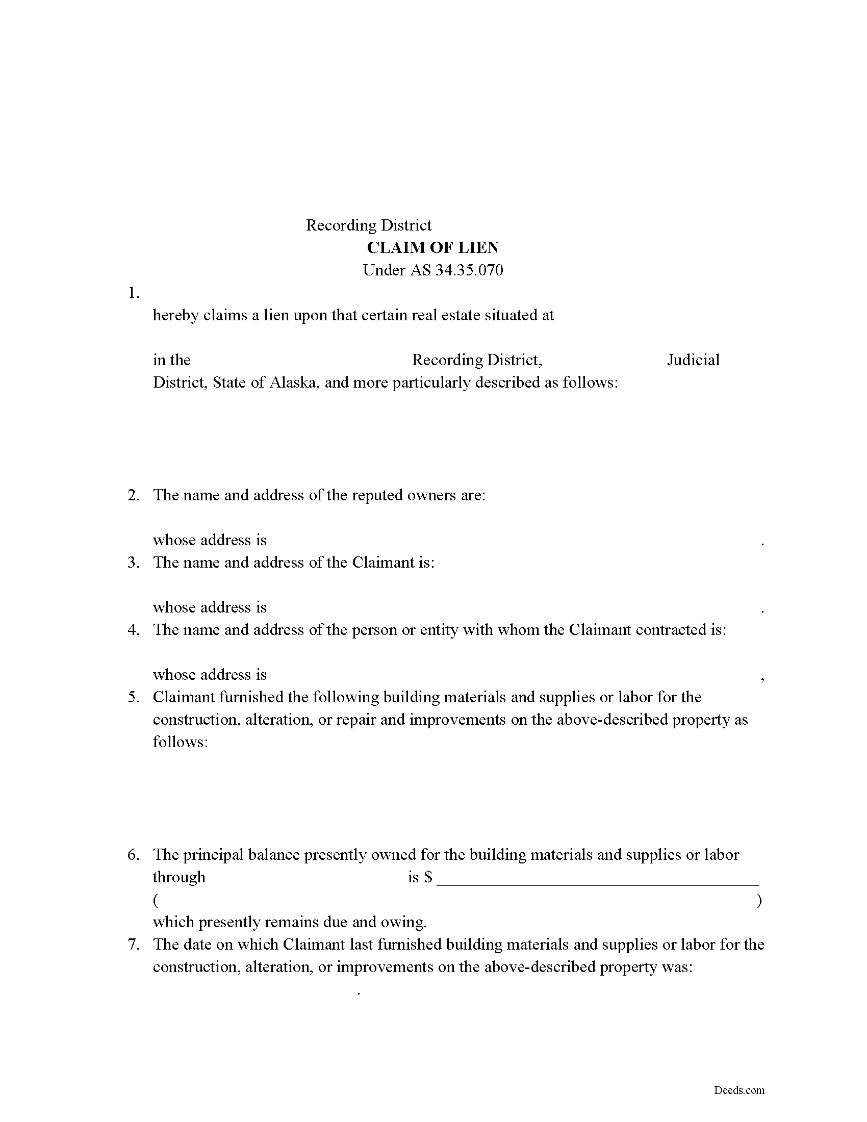 Alaska Claim of Mechanic Lien Image