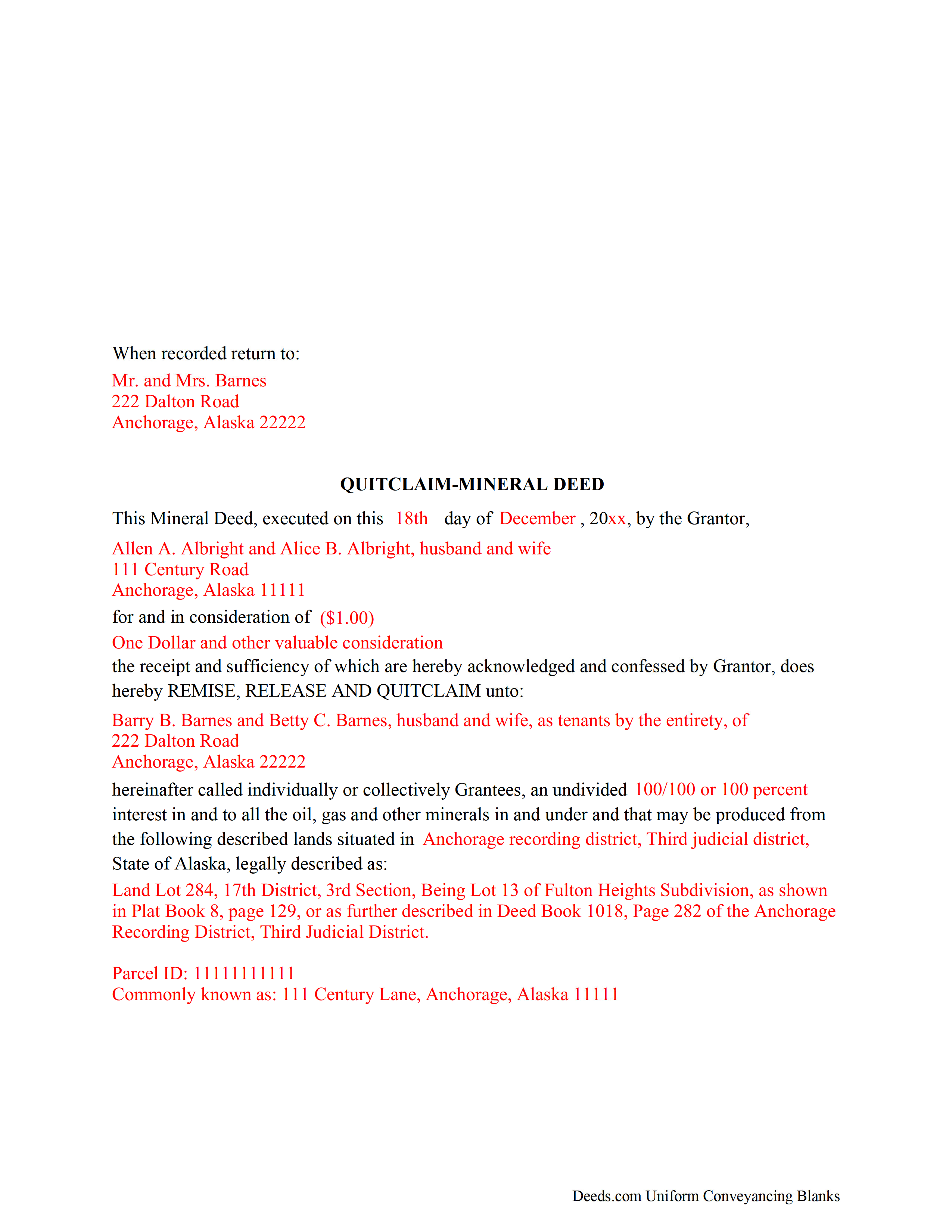 Alaska Mineral Deed with Quitclaim Covenants Image