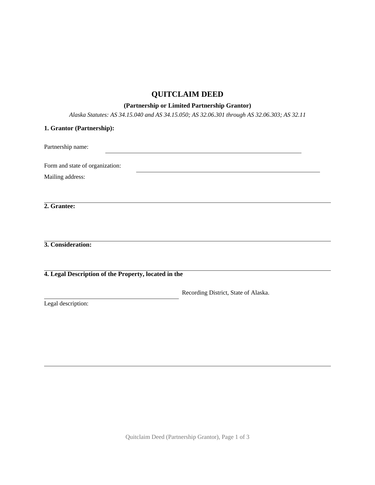 Alaska Quitclaim Deed (Partnership or Limited Partnership Grantor)