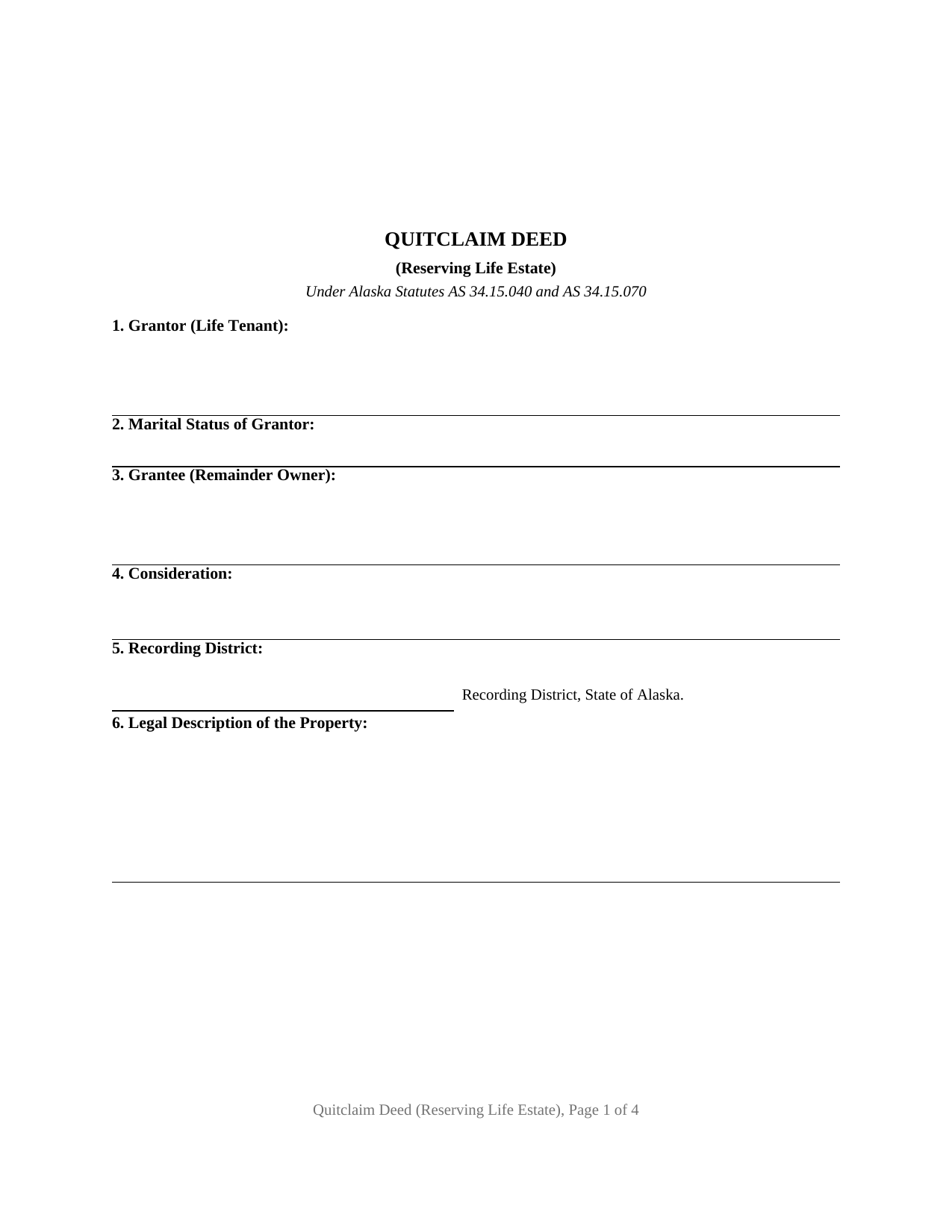 Alaska Quitclaim Deed (Reserving Life Estate)