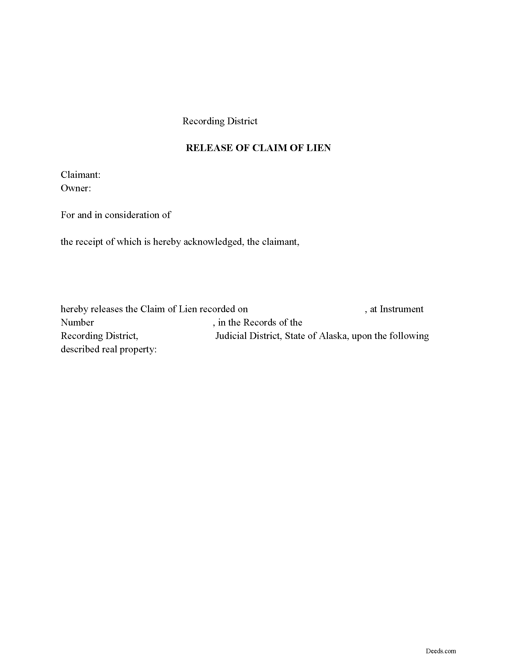 Alaska Release of Claim of Lien Image