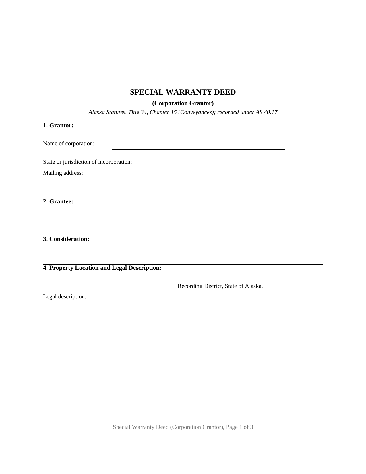 Alaska Special Warranty Deed (Corporation Grantor)