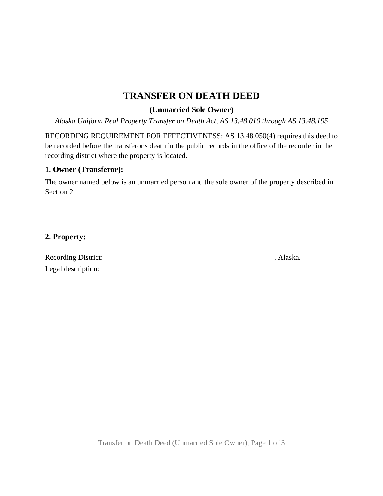 Alaska Transfer on Death Deed (Unmarried Sole Owner)