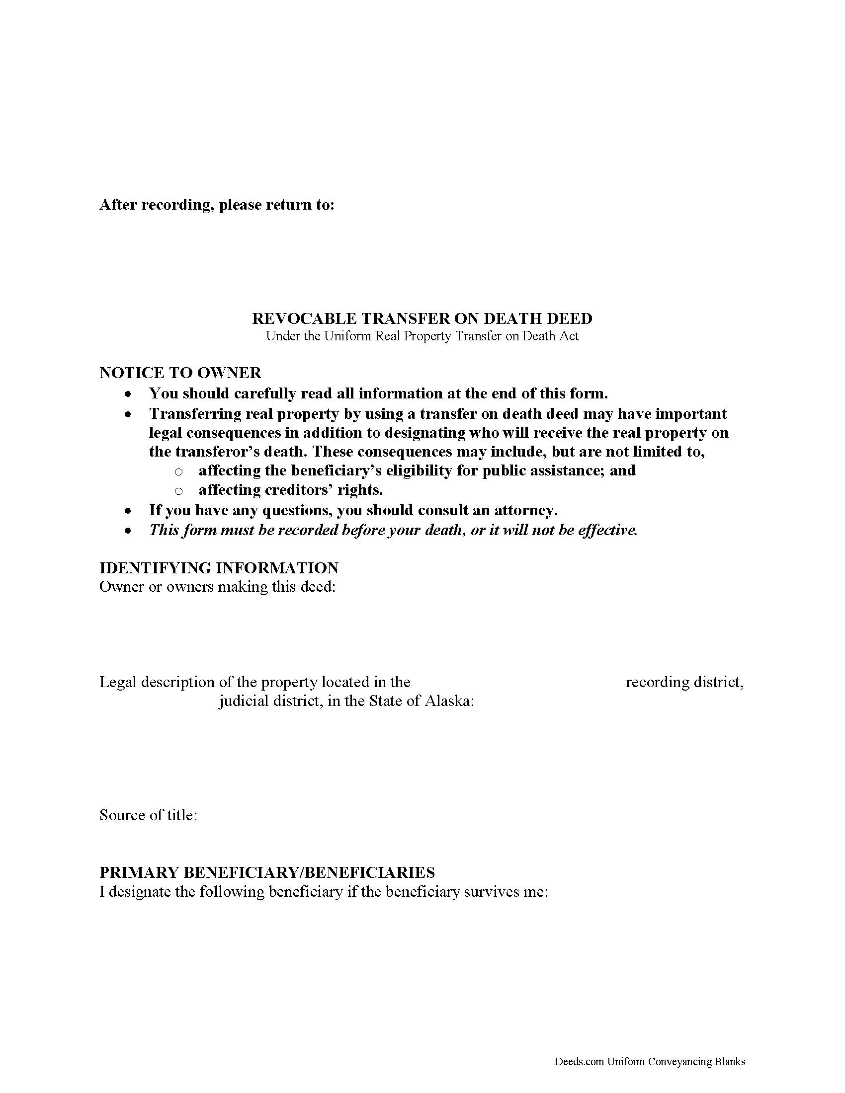 Alaska Transfer on Death Deed Image