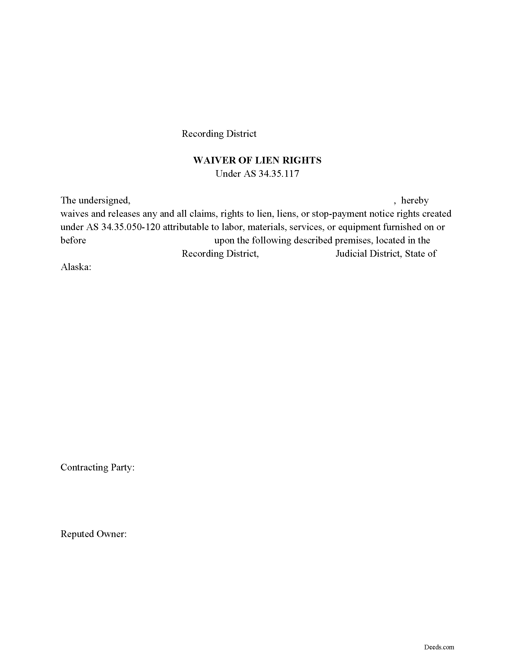 Alaska Waiver of Lien Rights Image