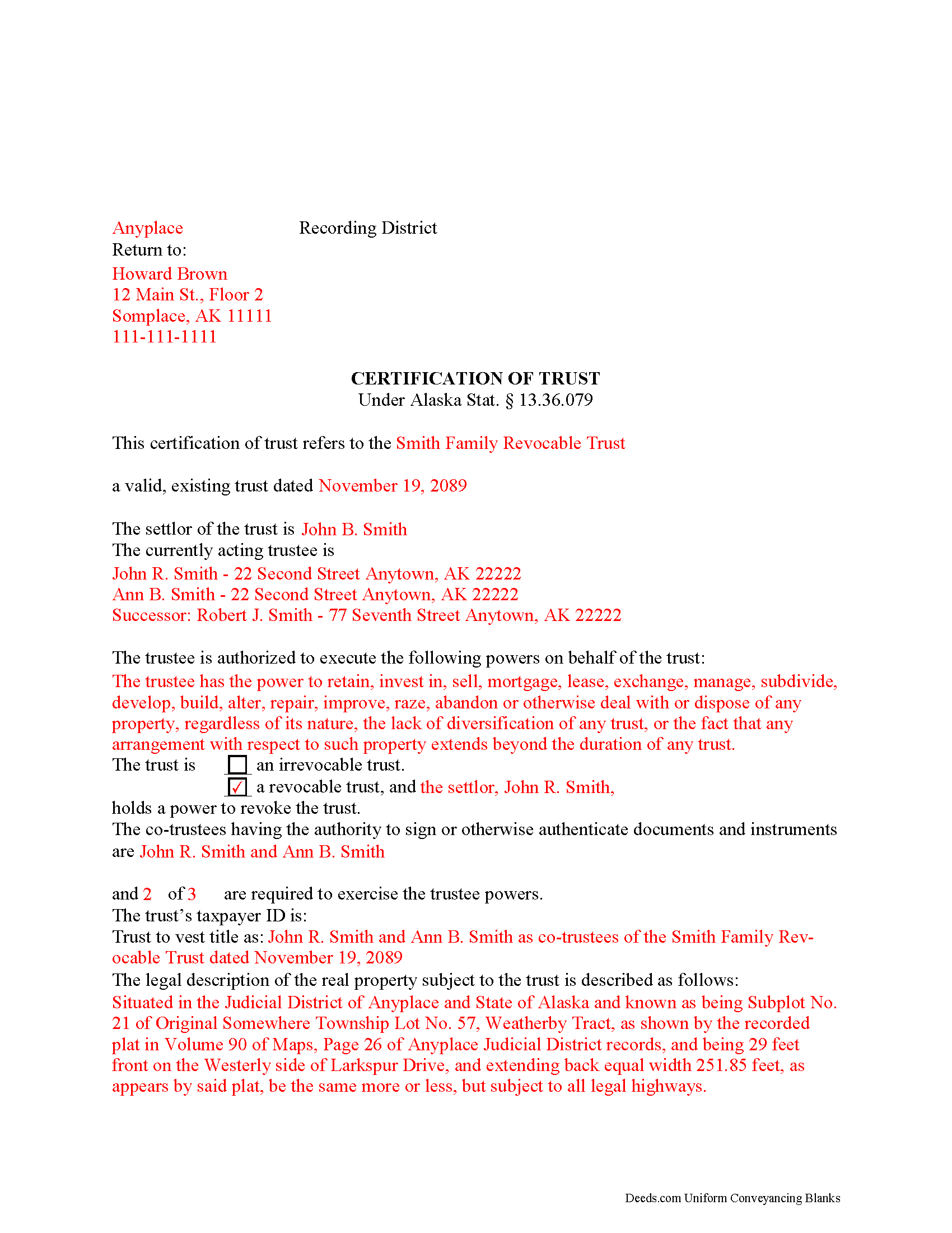 Completed Example of the Certificate of Trust Document