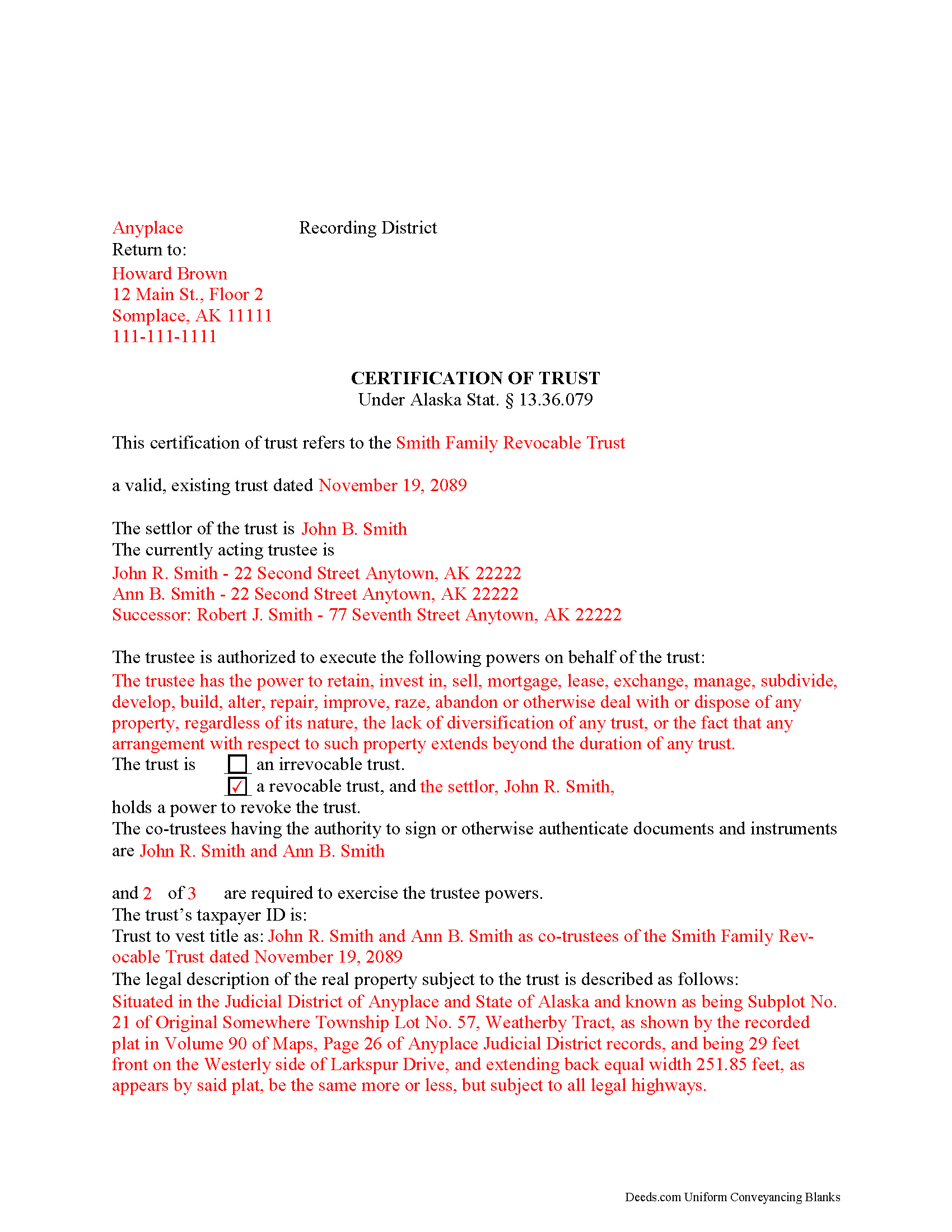 Aleutians East Borough Completed Example of the Certificate of Trust Document