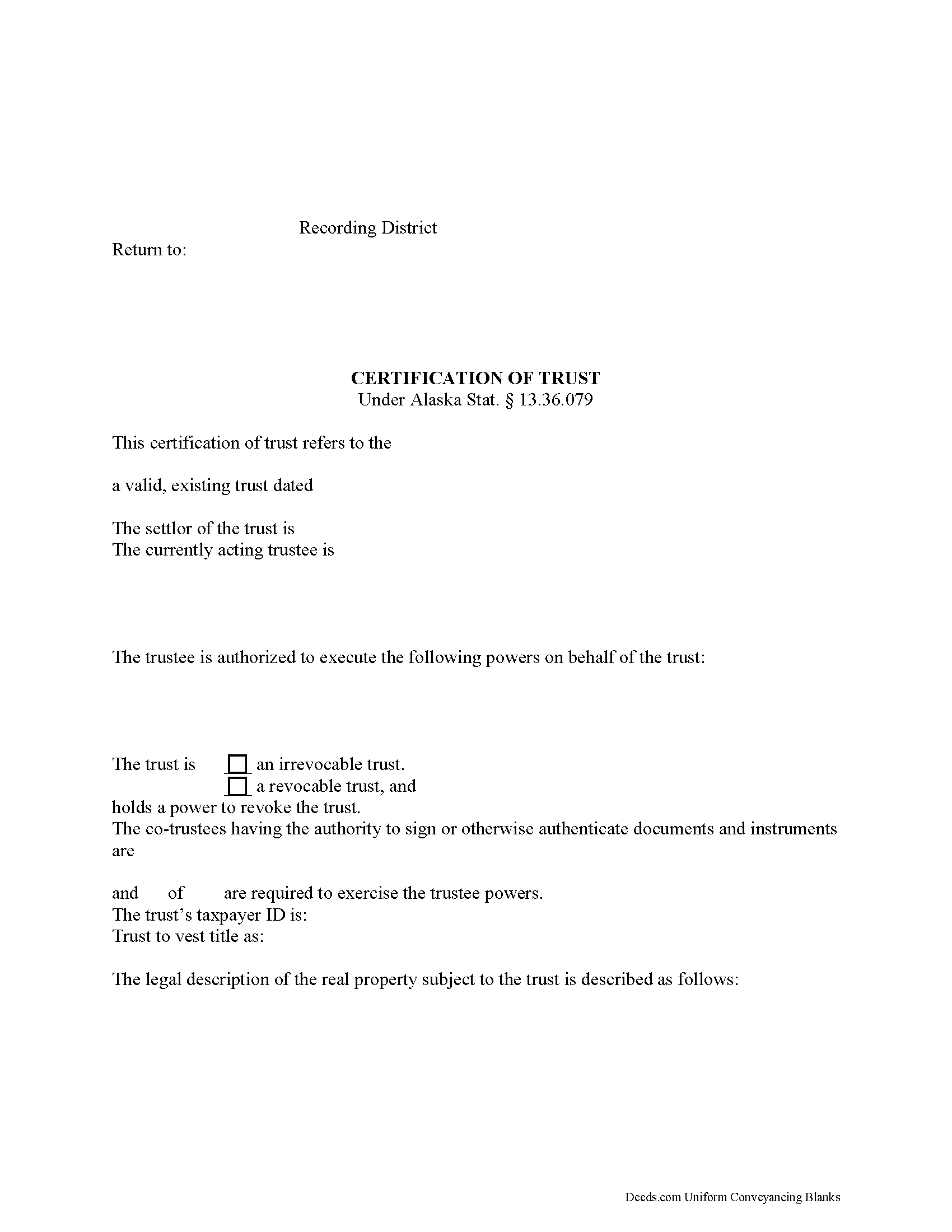Aleutians East Borough Certificate of Trust Form