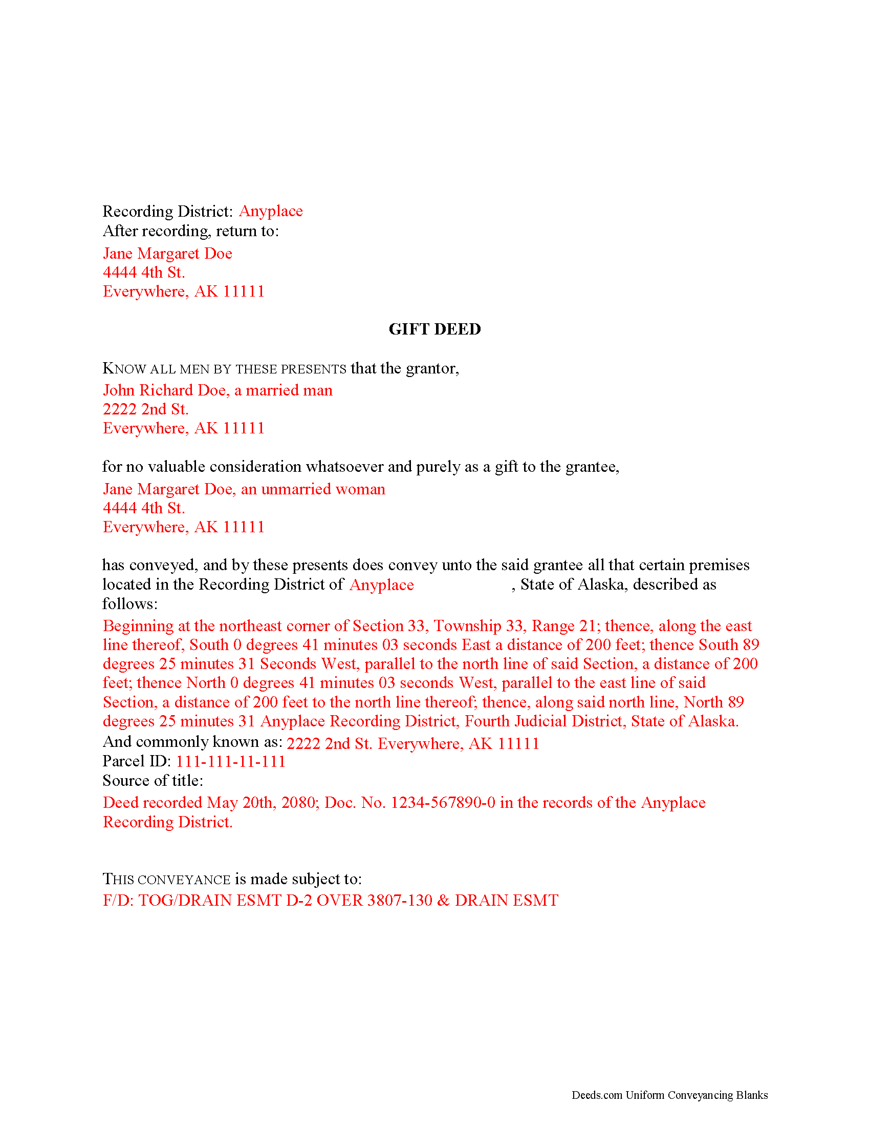 Skagway Hoonah Angoon Borough Completed Example of the Gift Deed Document