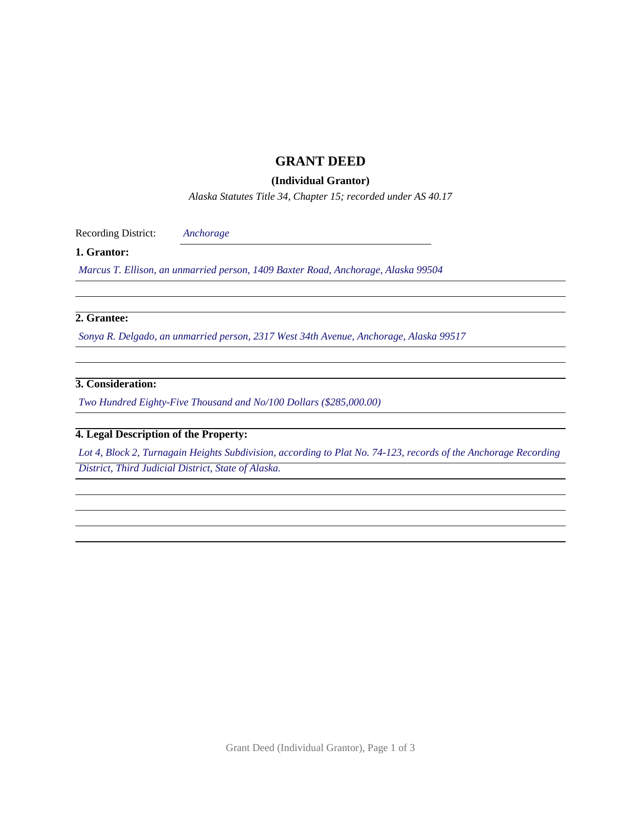 Northwest Arctic Borough Completed Example of the Grant Deed Document