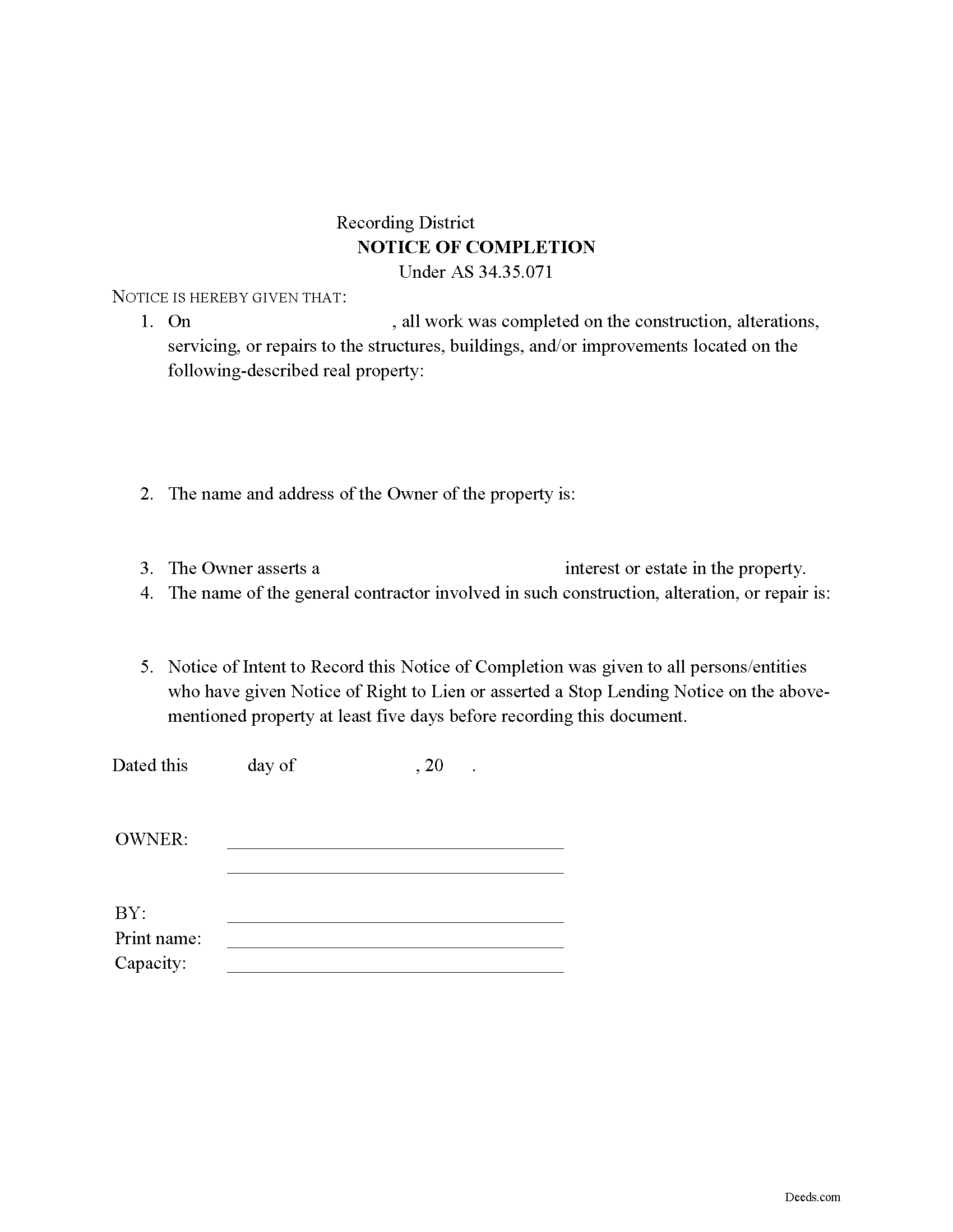 Notice of Completion Form