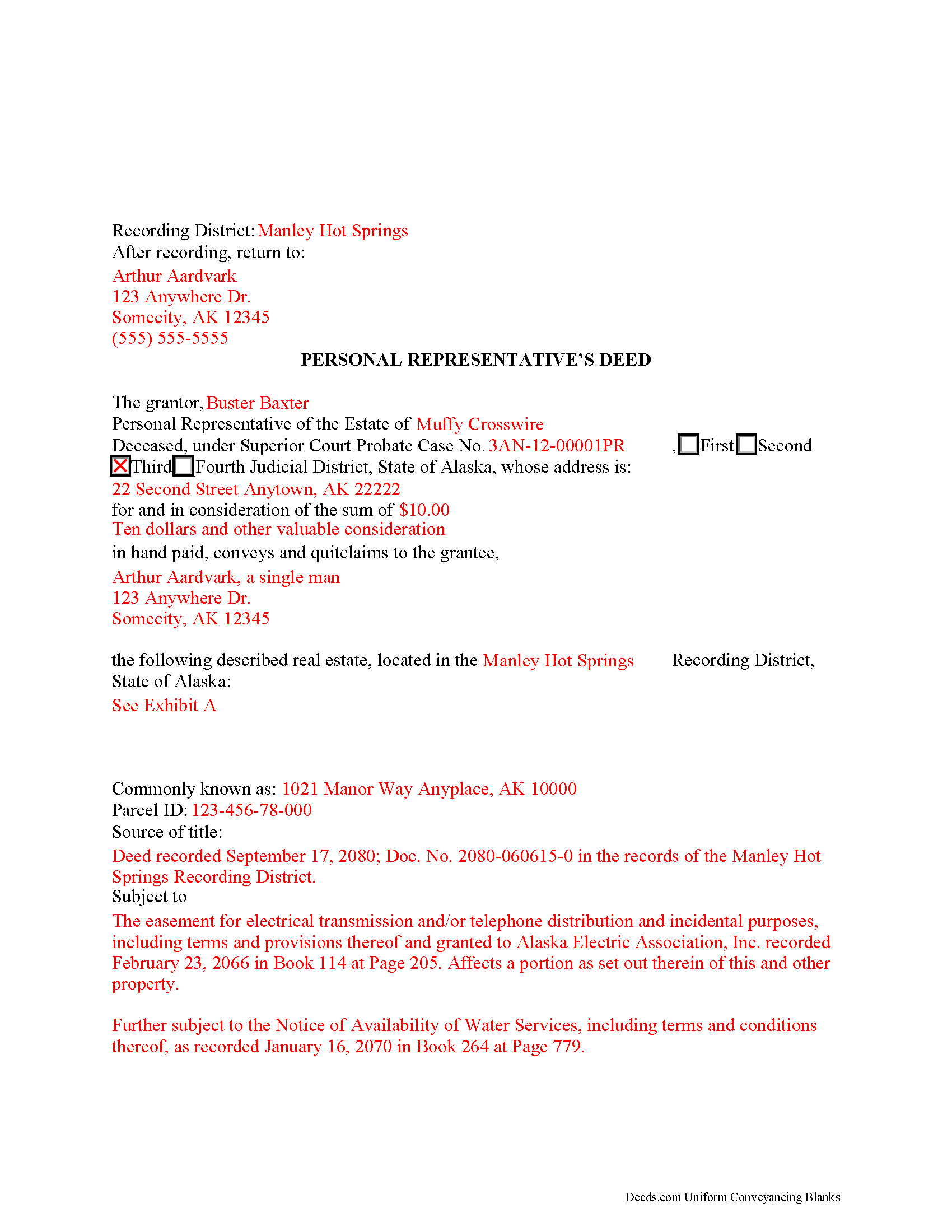 Completed Example of the Personal Representative Deed Document