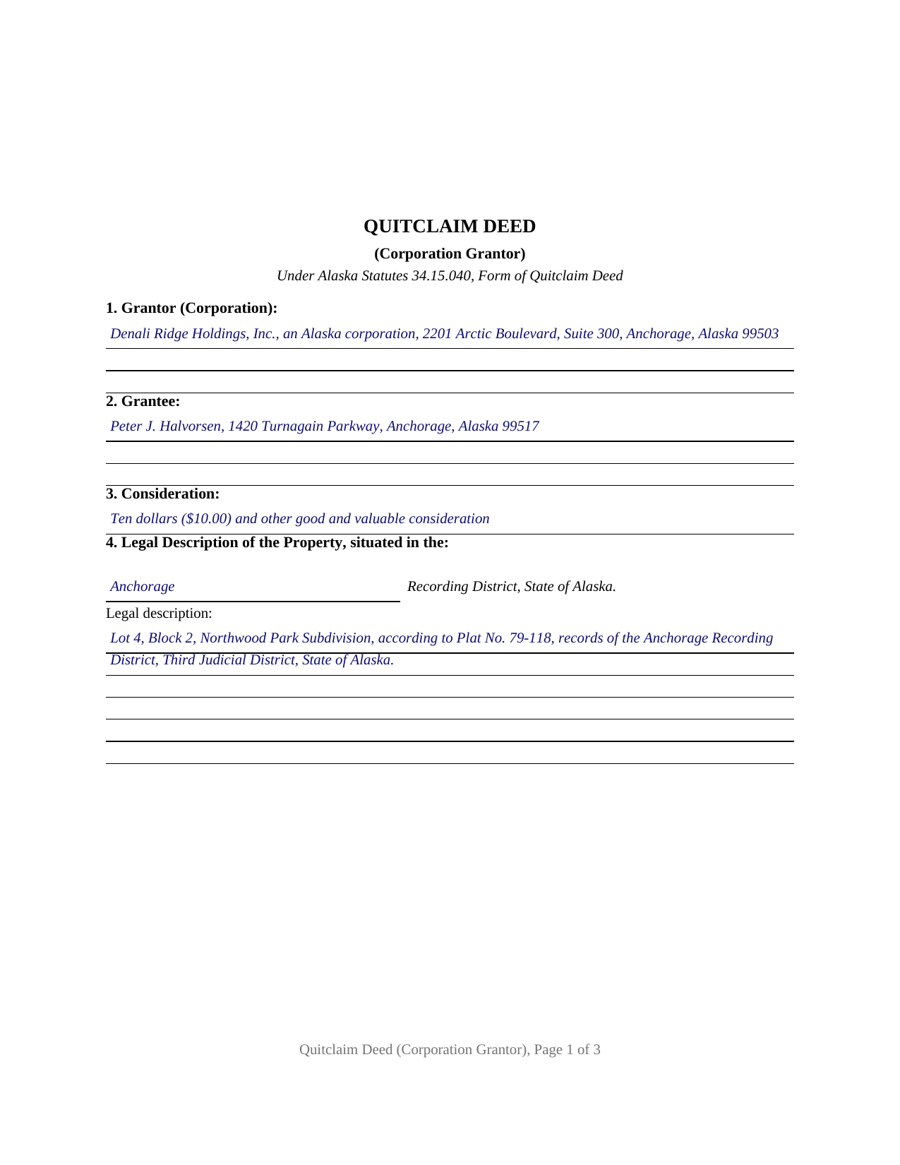Yukon Koyukuk Borough Completed Example of the Quitclaim Deed (Corporation Grantor) Document