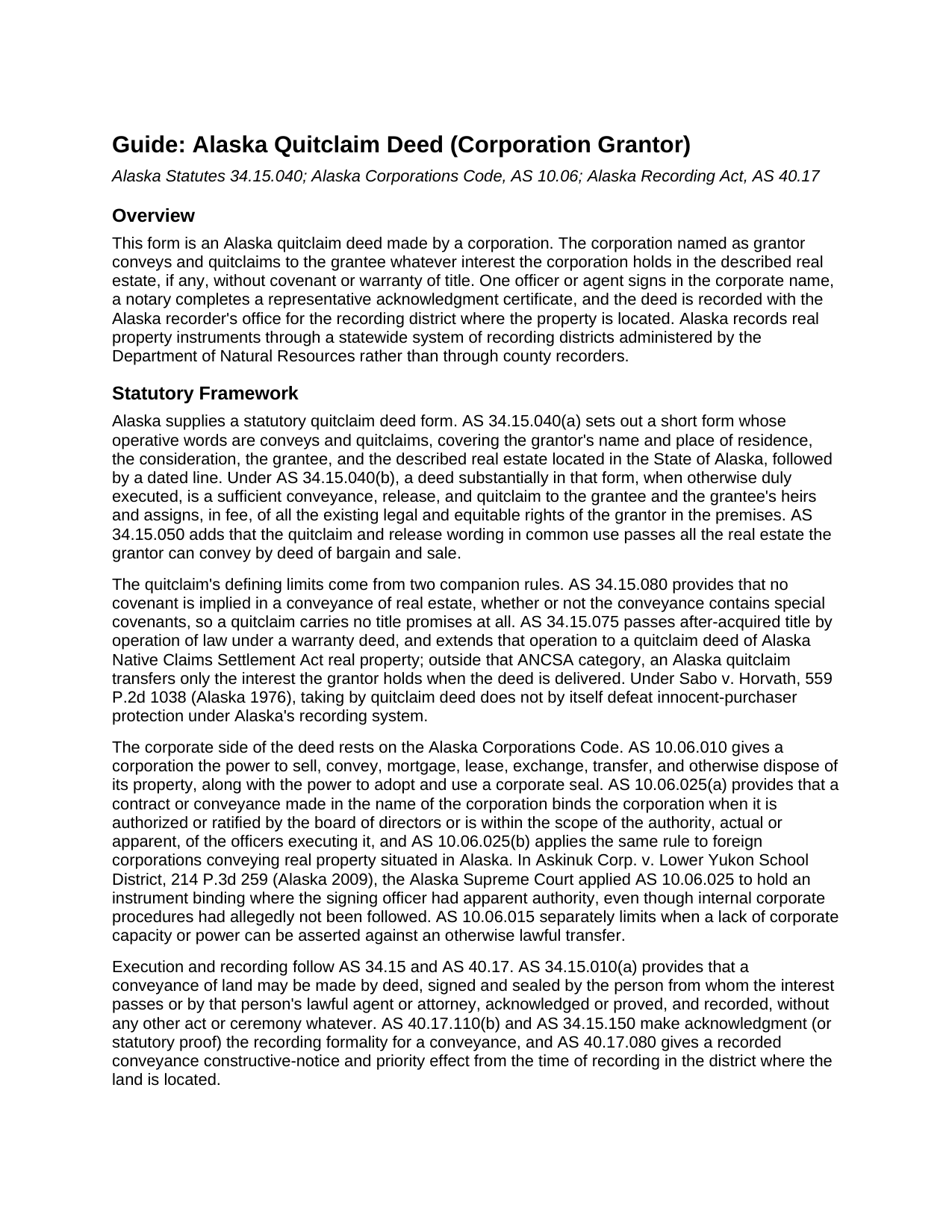 Yukon Koyukuk Borough Quitclaim Deed (Corporation Grantor) Guide