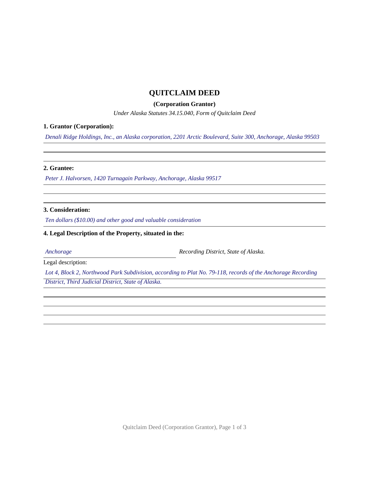 Yukon Koyukuk Borough Completed Example of the Quitclaim Deed (Corporation Grantor) Document