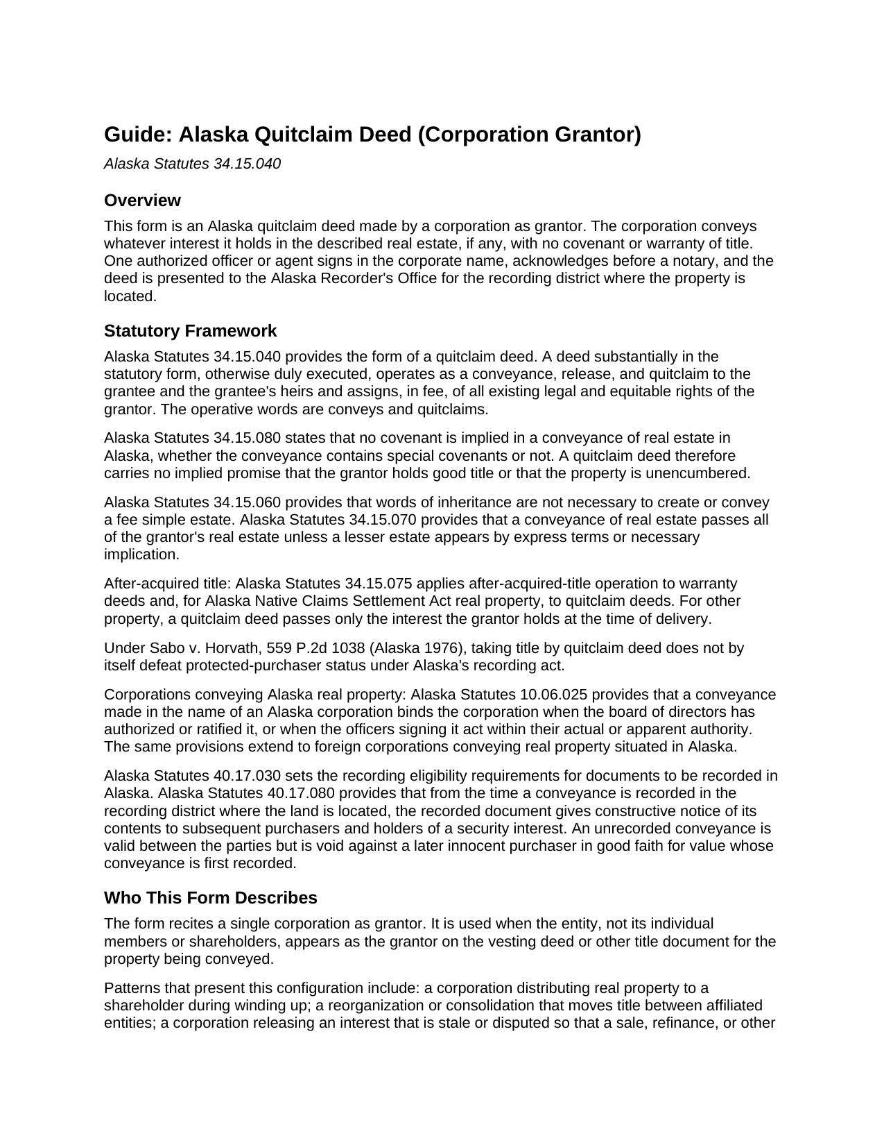 Yukon Koyukuk Borough Quitclaim Deed (Corporation Grantor) Guide