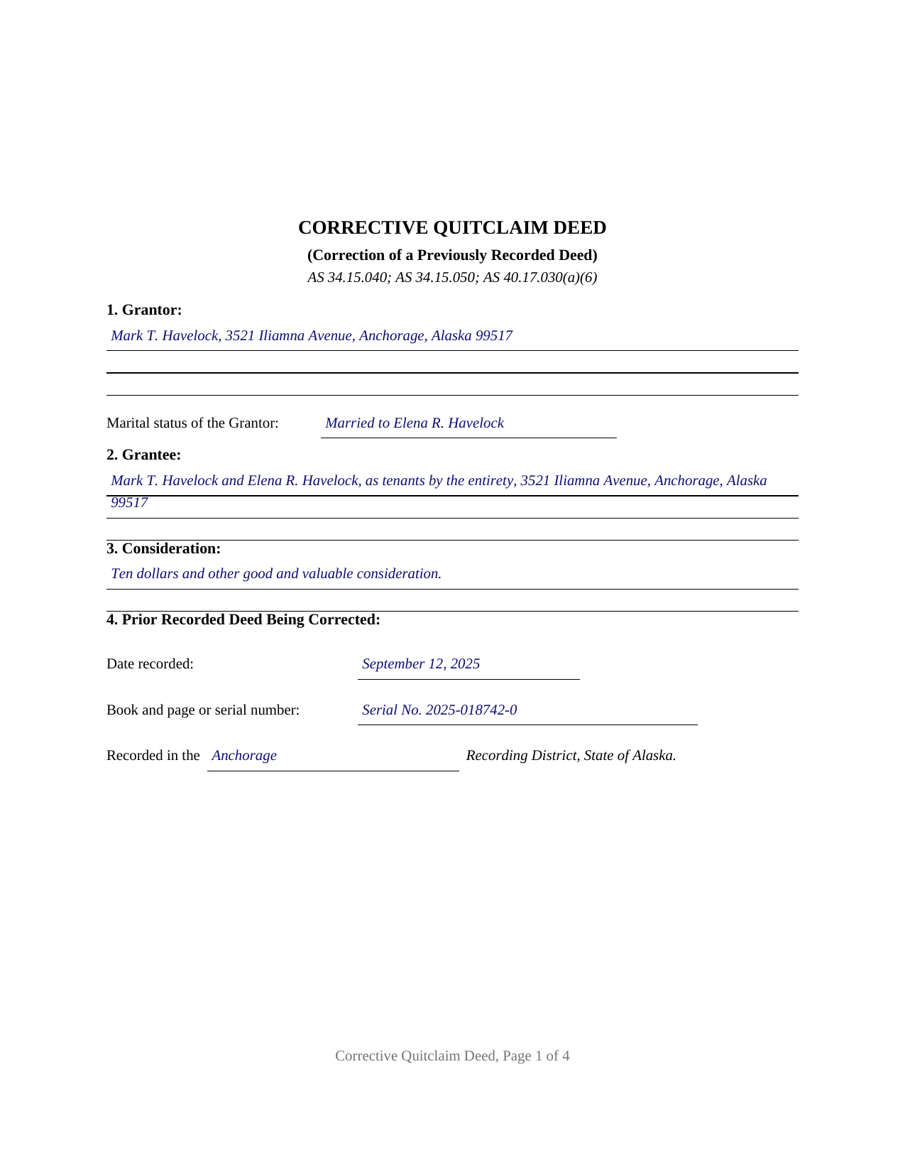 Yukon Koyukuk Borough Completed Example of the Quitclaim Deed (Corrective) Document