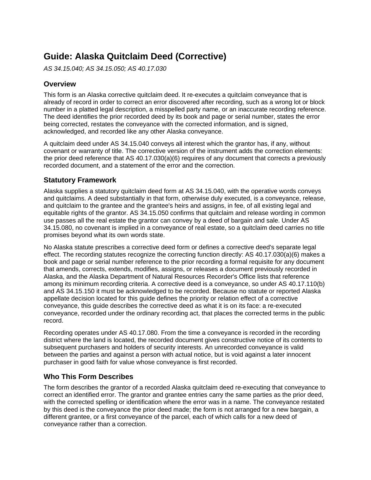 Yukon Koyukuk Borough Quitclaim Deed (Corrective) Guide