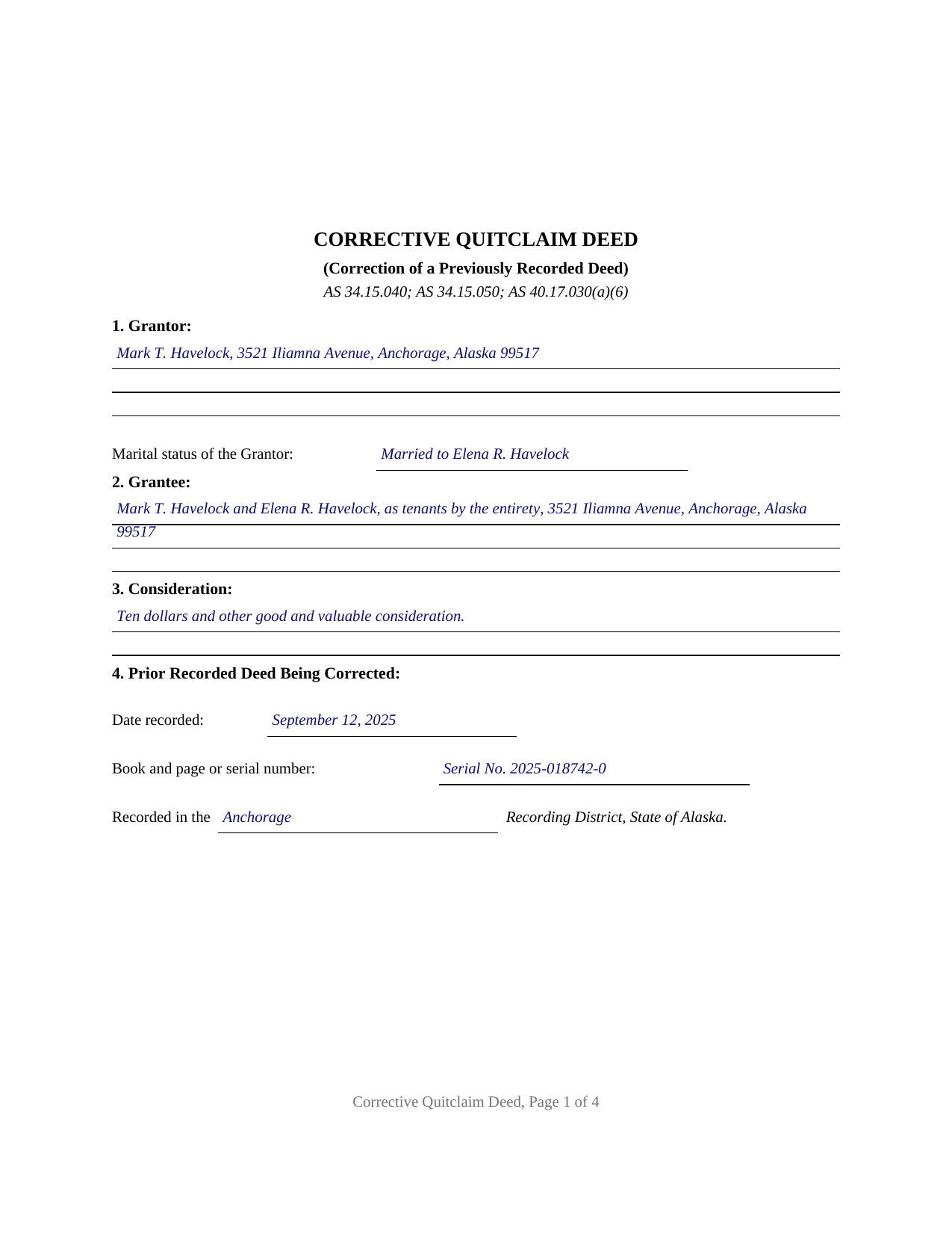 Yukon Koyukuk Borough Completed Example of the Quitclaim Deed (Corrective) Document