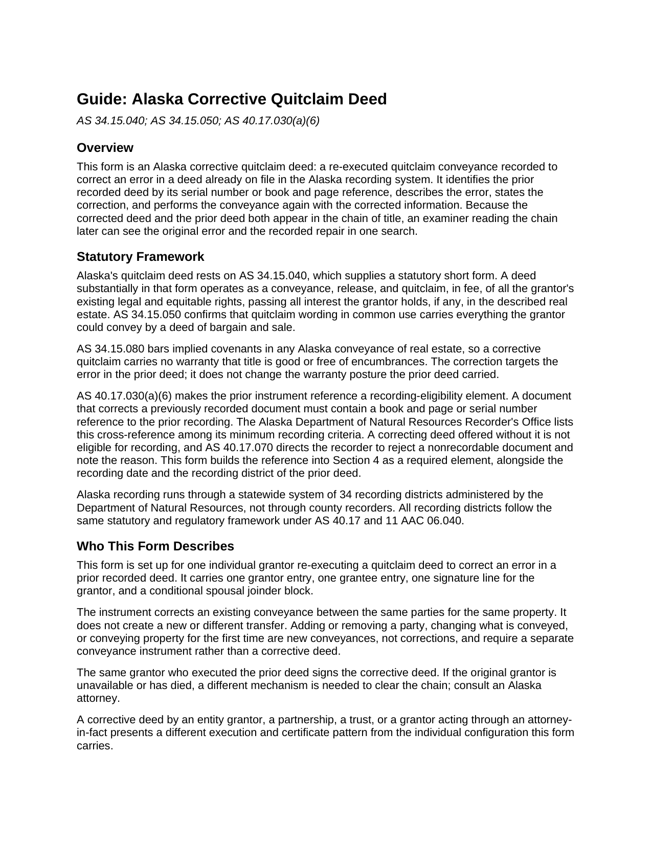 Yukon Koyukuk Borough Quitclaim Deed (Corrective) Guide